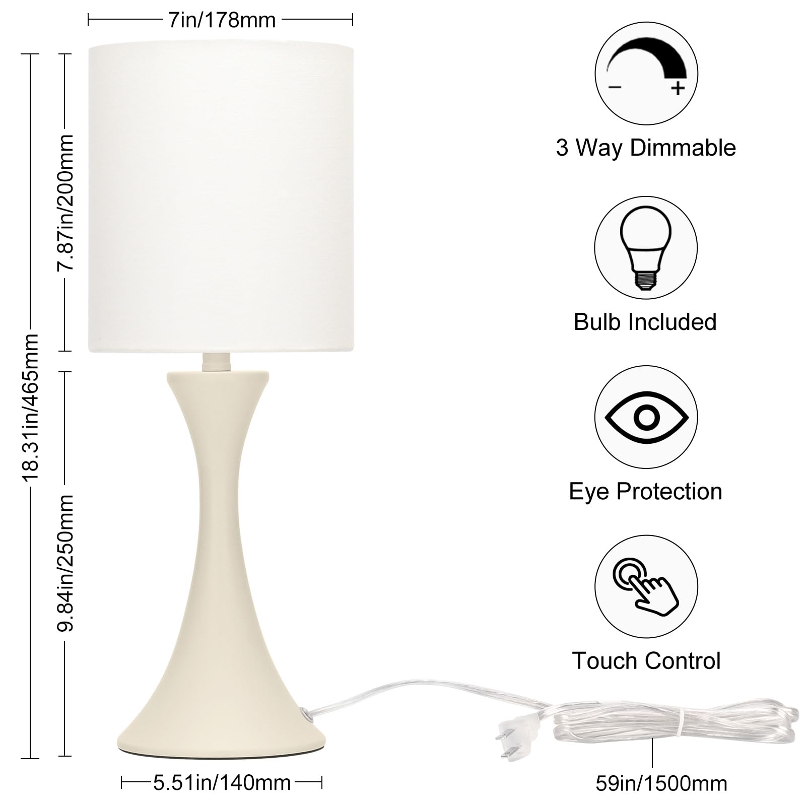 Dimmable Bedside Lamp, 3 Way Touch Control Table Lamp, Modern Nightstand Lamp With Beige Shade And Cream Base, Small Desk Lamp F