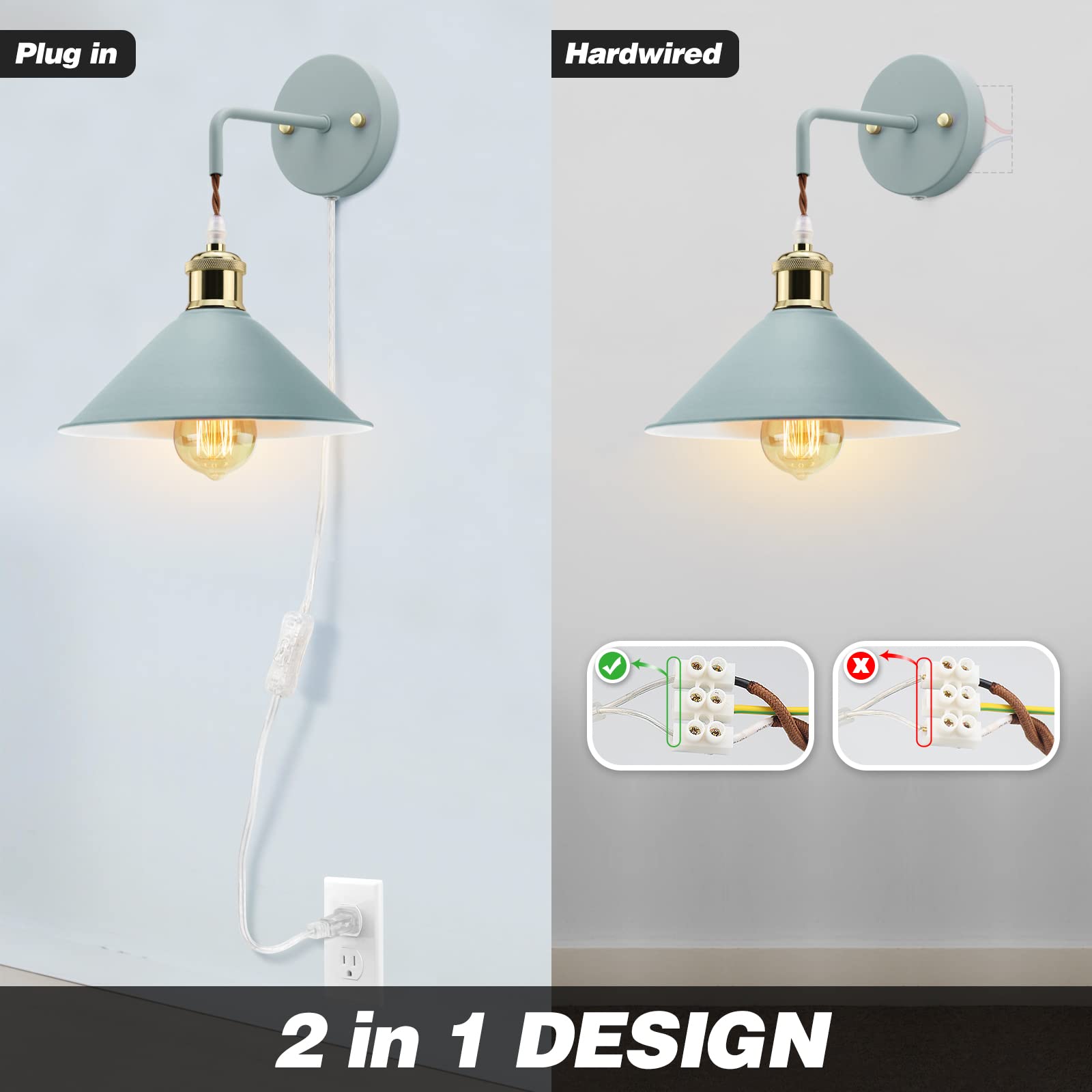 Kewanno Blue Plug-In Wall Sconces, 2-Pack Modern E26 Light Fixtures For Home Lighting