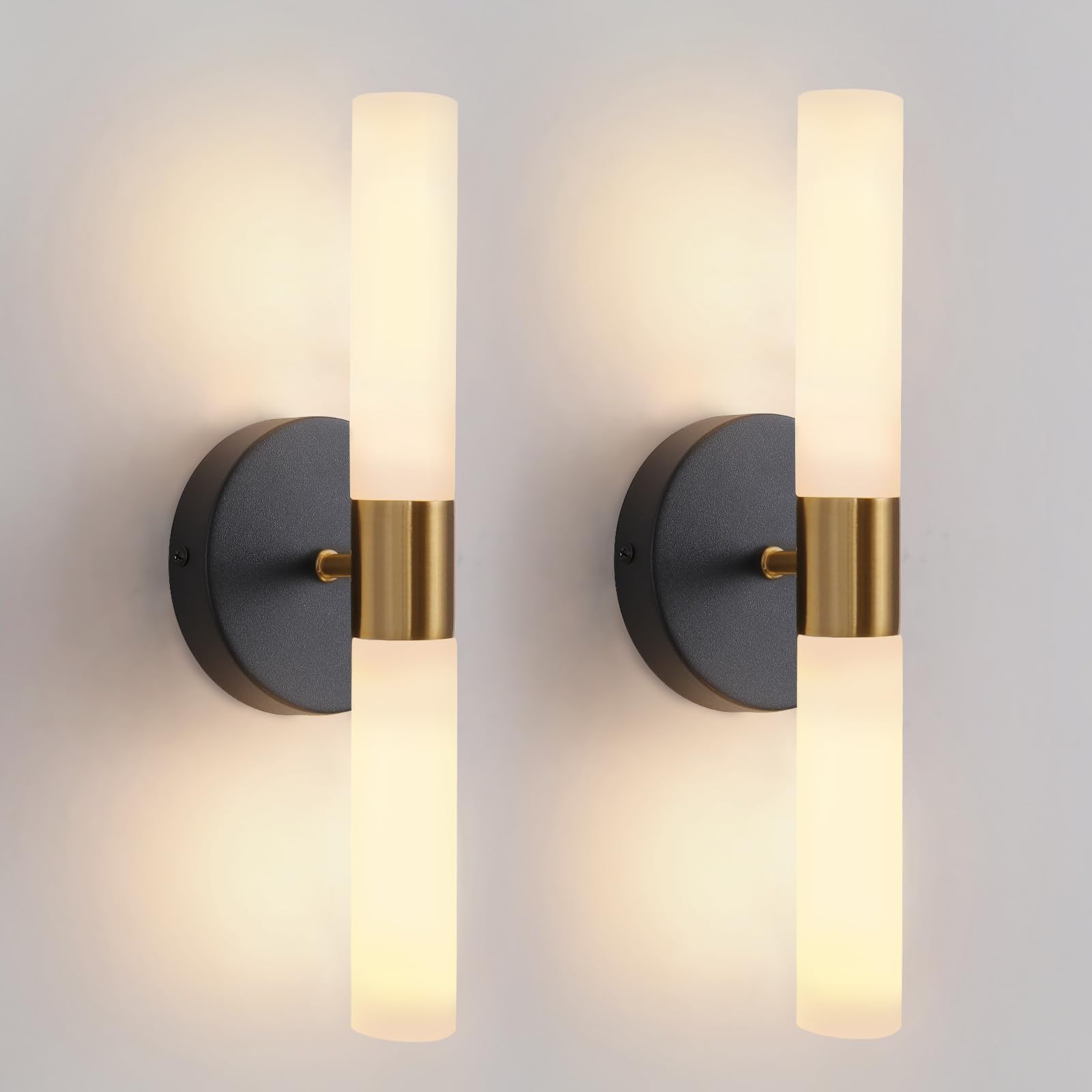 KUZZULL Wall Sconces Set of Two Black and Brass Gold Wall Lamp Sconces Wall Lighting with White Glass Wall Lights Wall Light Sco