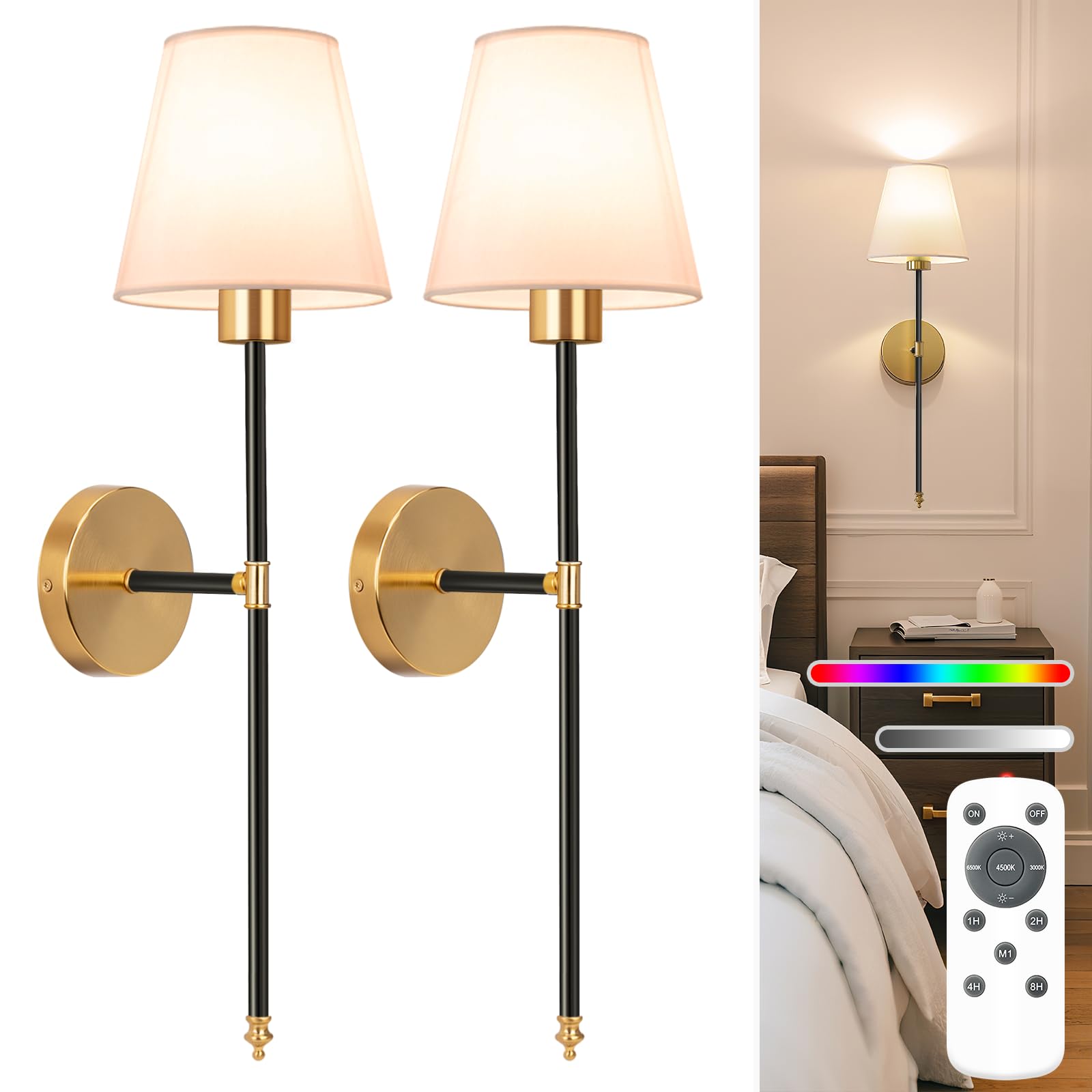 NIORSUN Wall Sconce Set of 2, 24 inch Black-Gold Metal Rechargeable Lights with Dimmable Bulbs, Model SW013