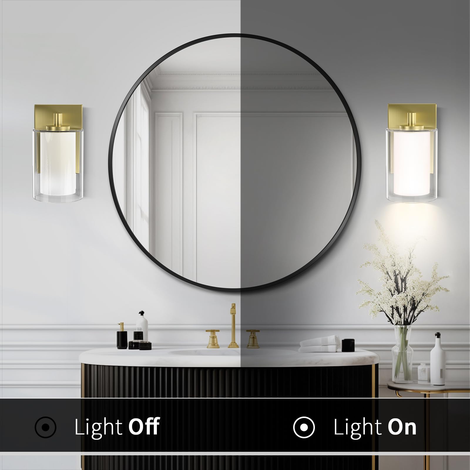 Bathroom Wall Sconces Set Of 2 Gold Double Clear Glass Shade Modern Vanity Lights Indoor Farmhouse Wall Light For Bedroom Living Room Hallway Bulb E26 Base (Bulbs Not Included)