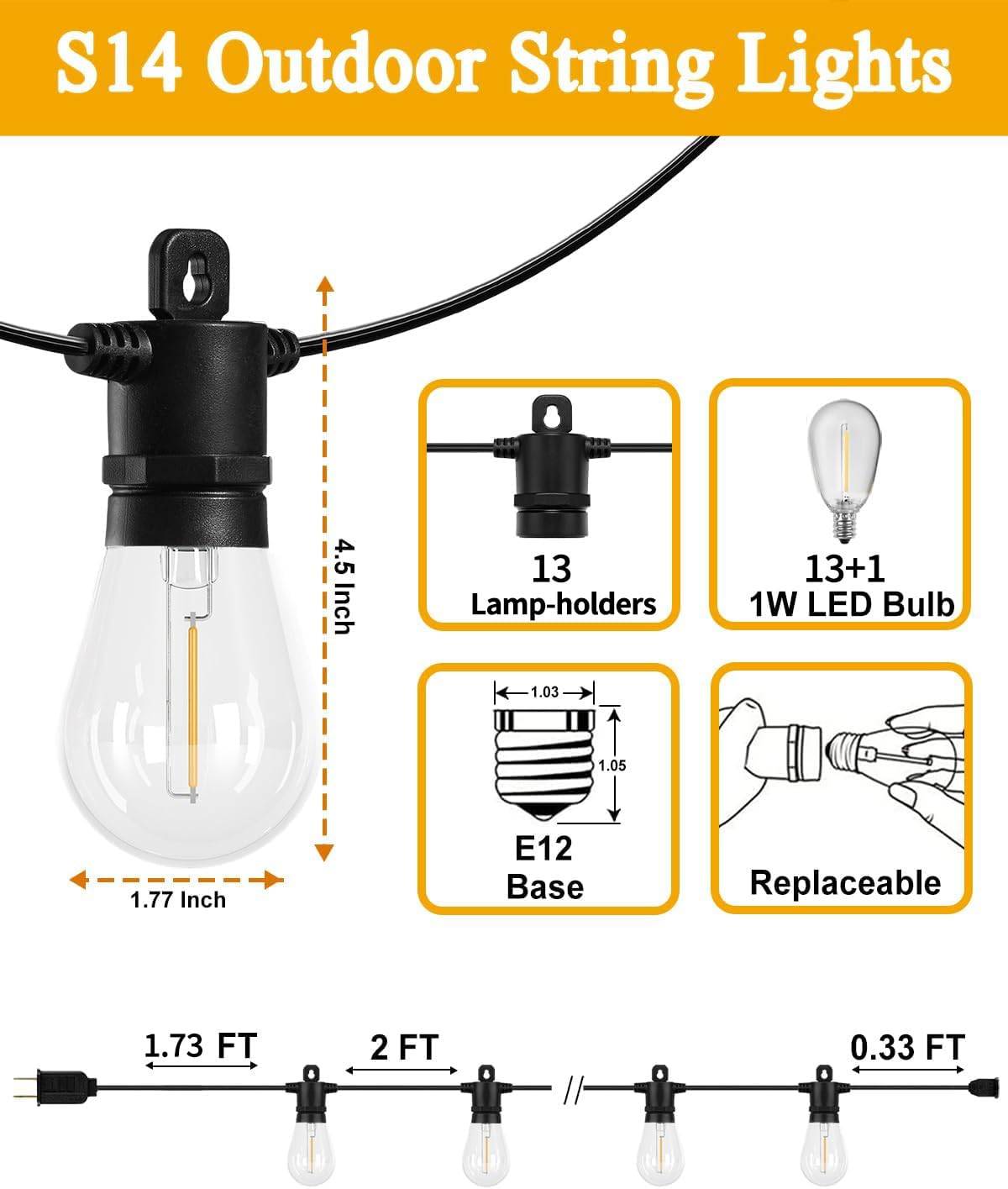 Meidaoduo Outdoor String Lights 26FT 13+1 S14 Bulbs IP65 Waterproof 2200K Copper
