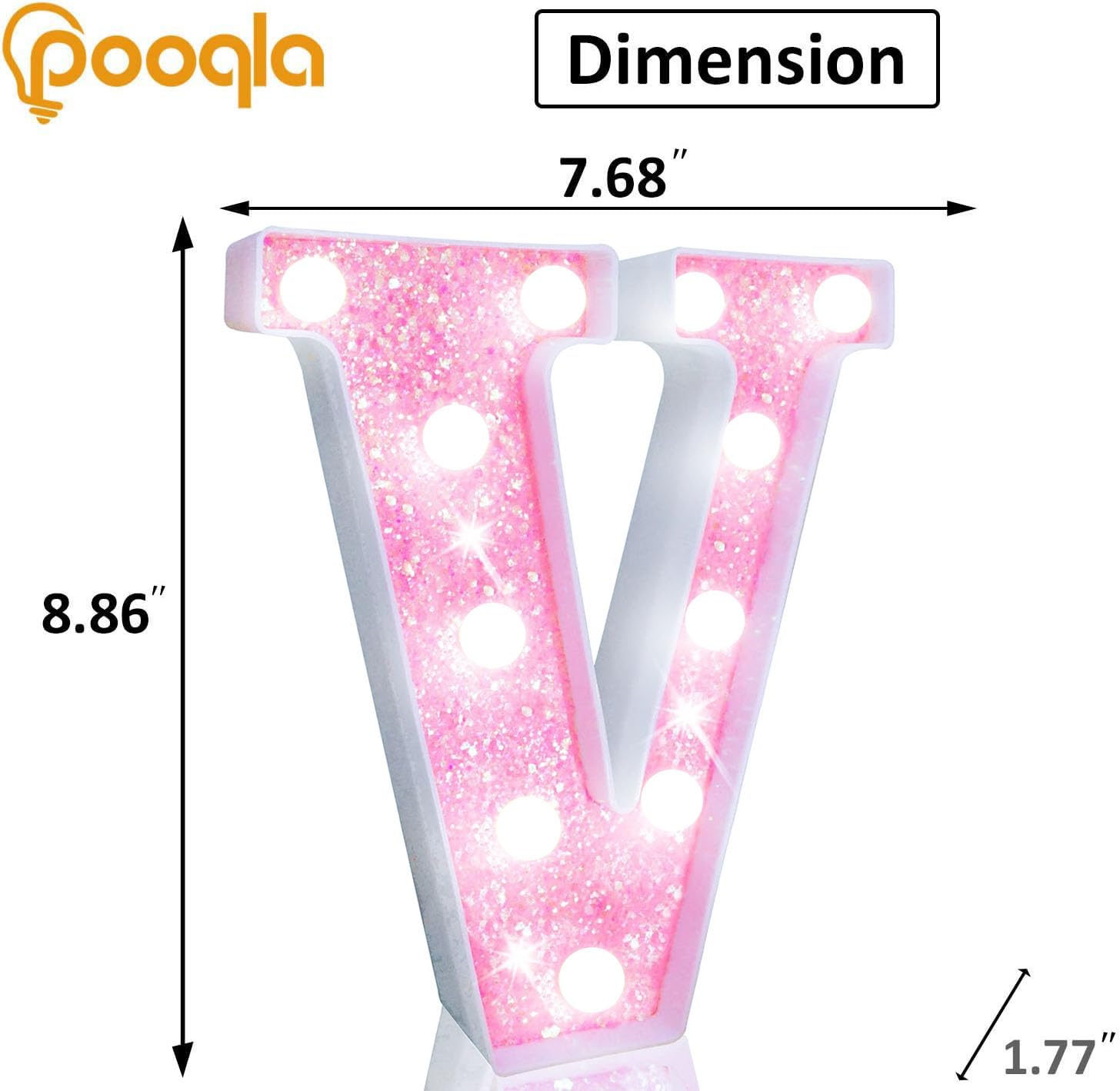 Pooqla Led Marquee Letter Lights  Light Up Pink Letters Glitter Letter Sign For Girls Gifts  Battery Powered For Night Light Birthday Party Wedding Home Bar Christmas Decoration  Cool White Pink V