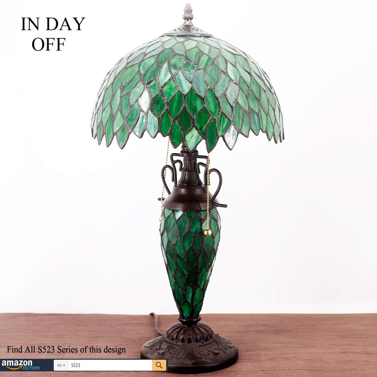 WERFACTORY Tiffany Style Table Lamp, Green Wisteria, 12x12x22 Inches, Glass, Model S523, Ideal for Bedroom or Living Room Decor
