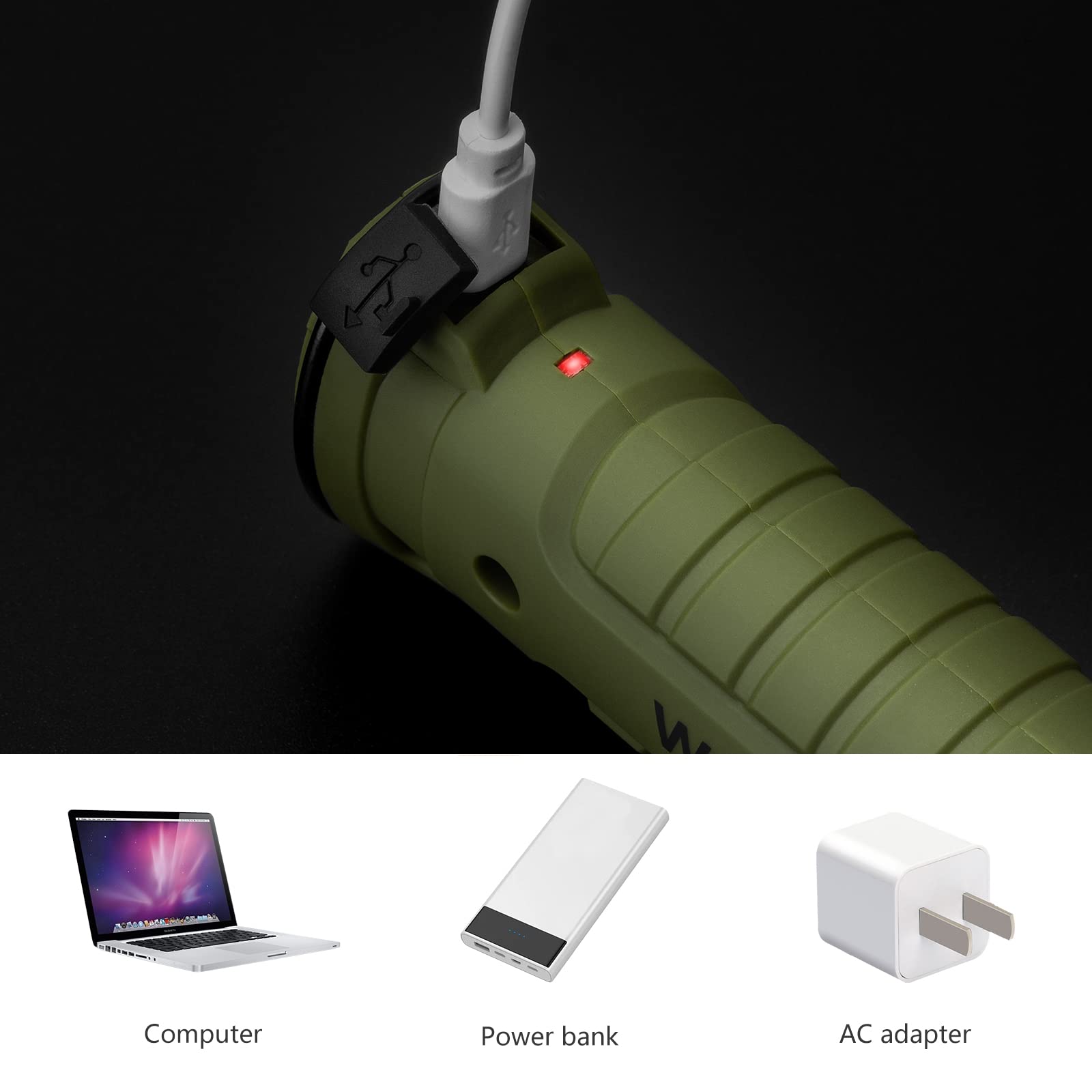 Lmaytech LED Work Light, COB Rechargeable, Magnetic Base, 360° Rotate, 5 Light Modes, 3 Pack, Green, ABS Material