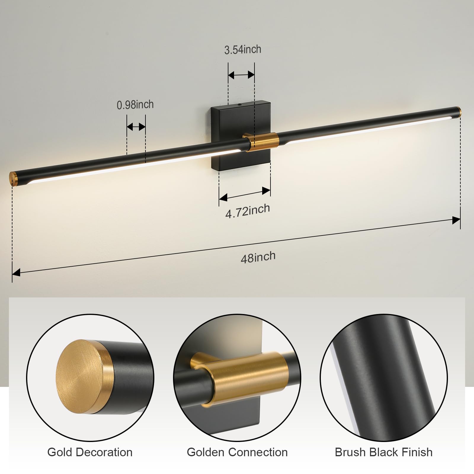Faziyo 48 Inch Black Gold Vanity Lights Fixtures For Bathroom Over Mirror Led Vanity Lights 4000K Morden Bathroom Sconce Picture