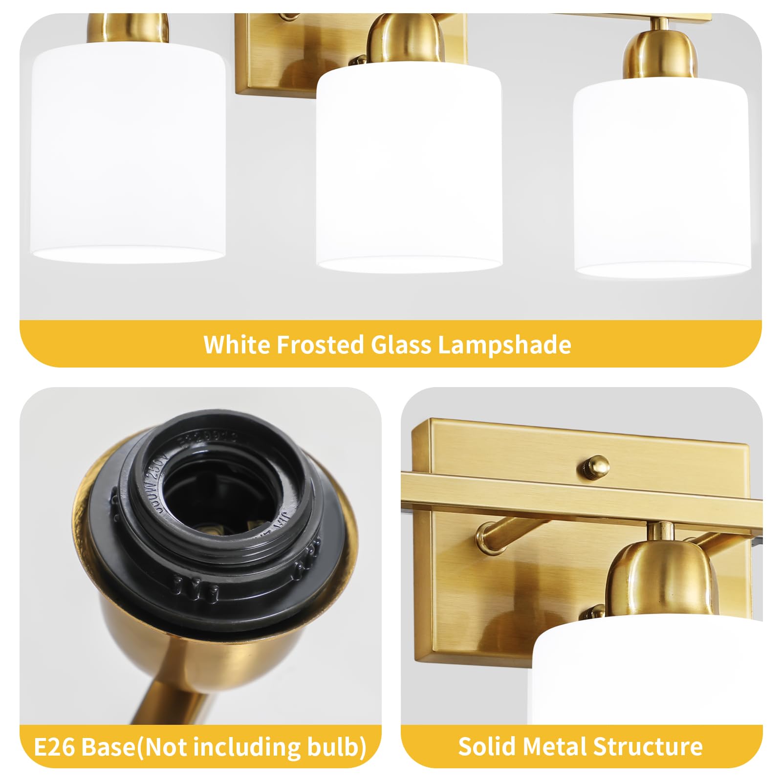 FAISHILAN 2-Light Brushed Gold Vanity Lights for Bathroom, Gold Vanity Lights for Bathroom with Milky White Frosted Glass Shades