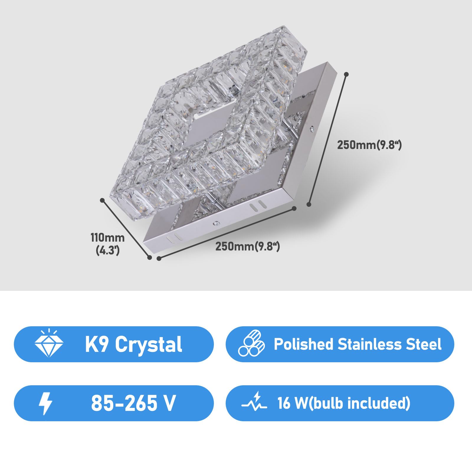 YPQXYHDA Mini Modern Crystal Chandelier, 9.8" Flush Mount LED Light, K9 Crystal & Stainless Steel, Cool White, Model 2503MSJXDF-BG
