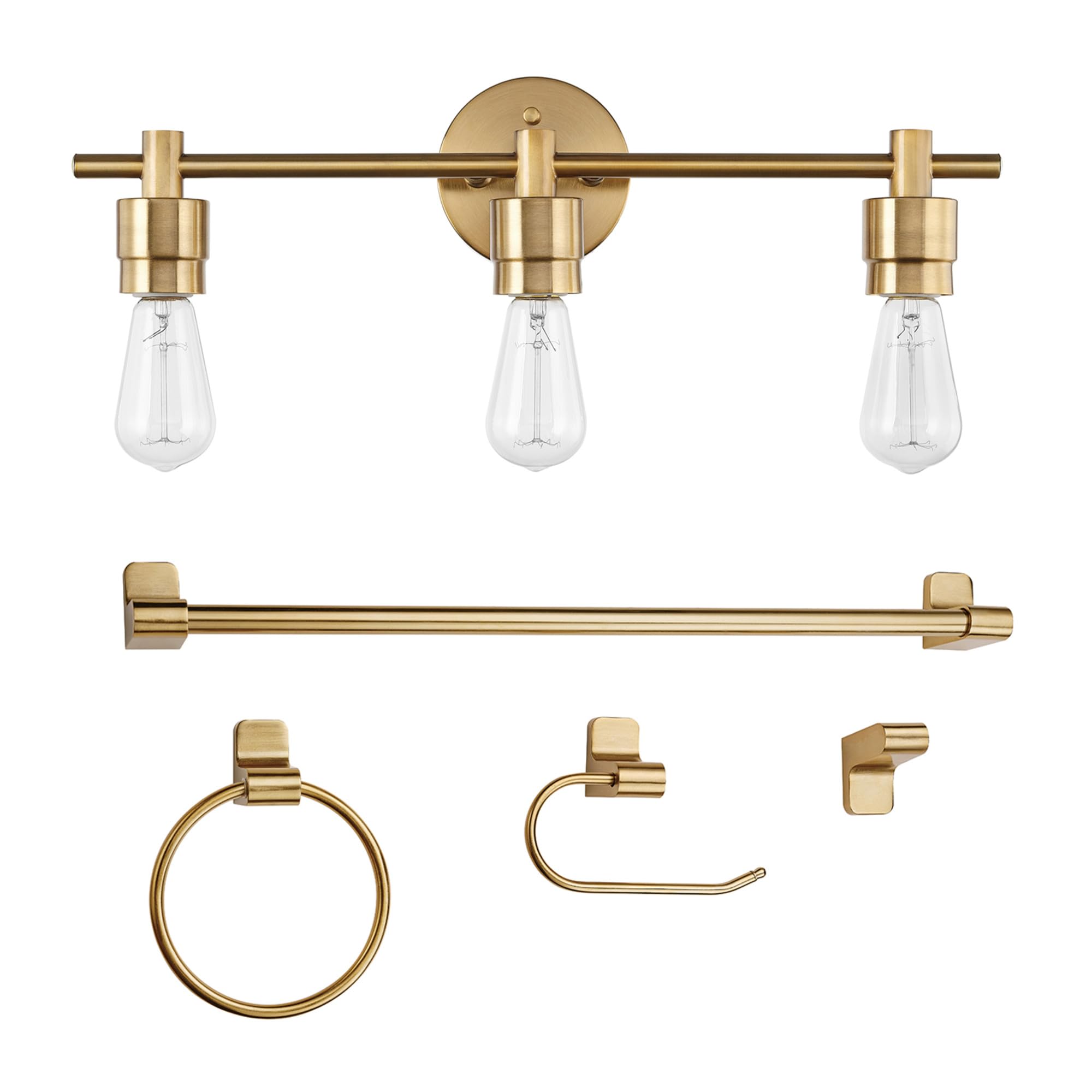 Globe Electric 51563 5-Piece Bathroom Accessory Set with 3-Light Vanity Fixture, Matte Brass Finish, Open Socket Design, Towel B