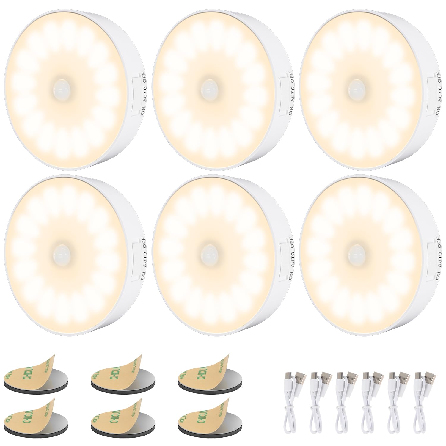 Electight 14 LEDs Motion Sensor Light Indoor, 6 Pack Upgraded Night Light USB Rechargeable, 3 Light Modes & Long Last Battery, C