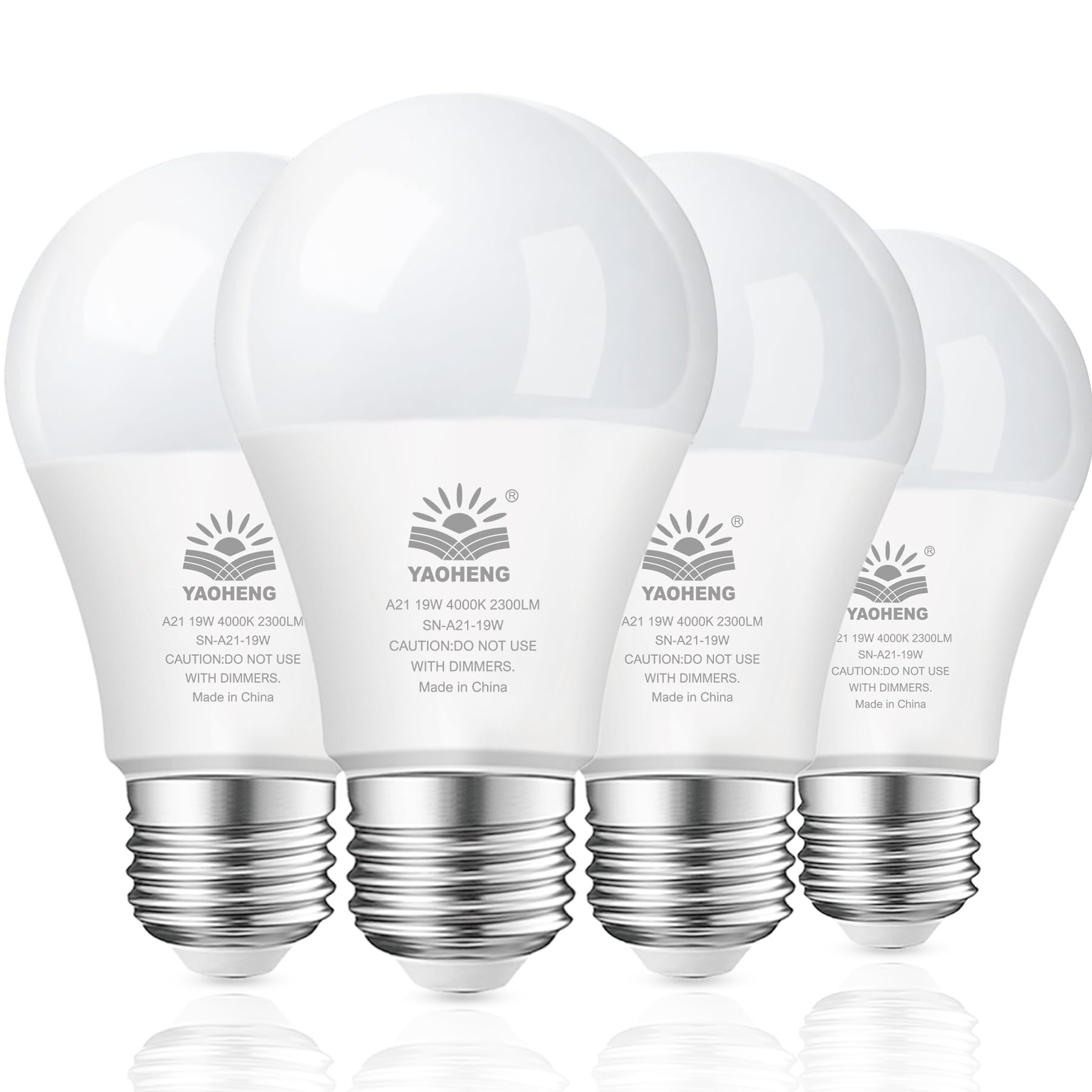 YAOHENG A21 LED Light Bulb, 19W 4000K Neutral White, 2300 Lumens, E26 Base, Non-Dimmable, 4 Pack