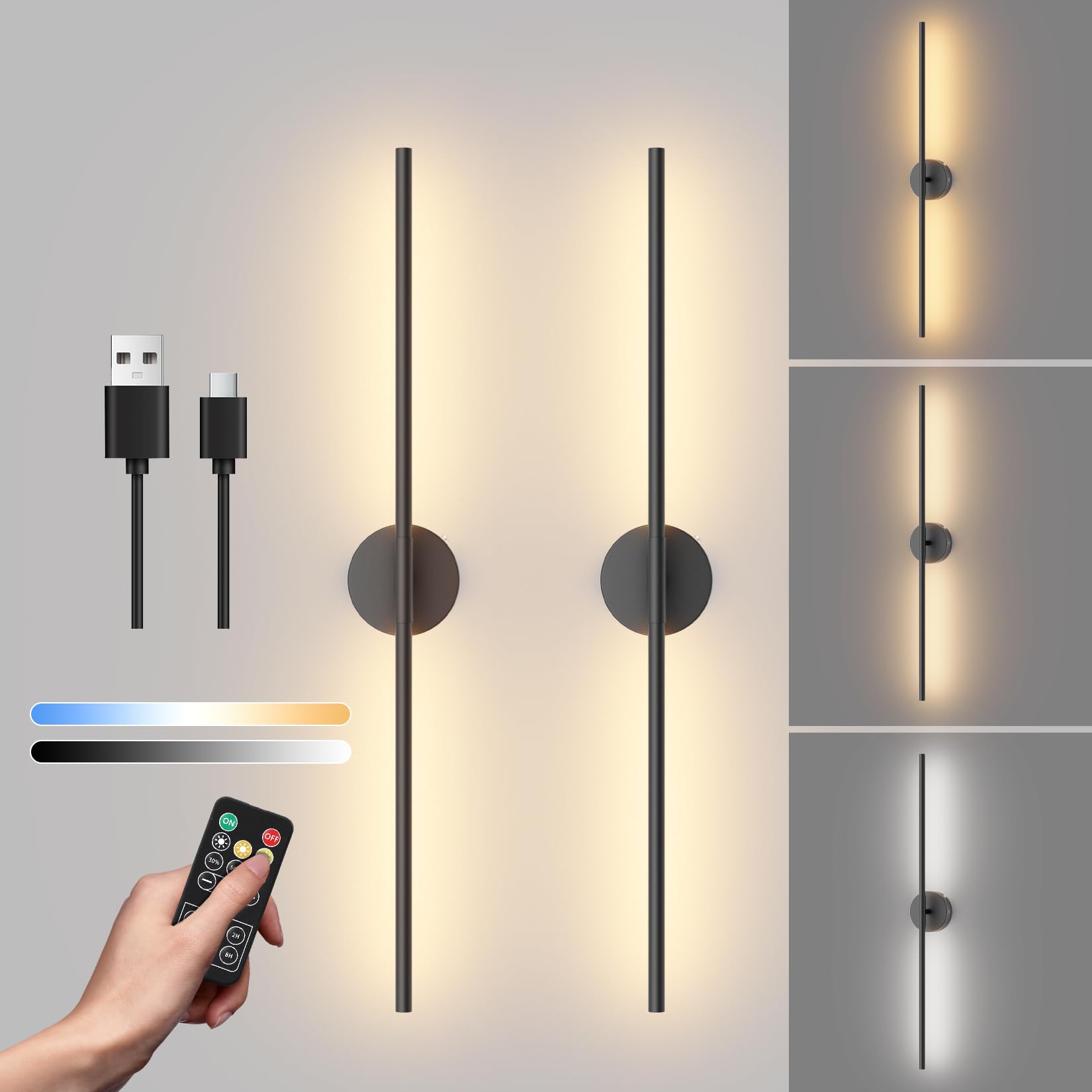 Tipace Wall Sconces Set of 2, Rechargeable Dimmable LED Lights, 32.7 Inch, Black, Model GW9825