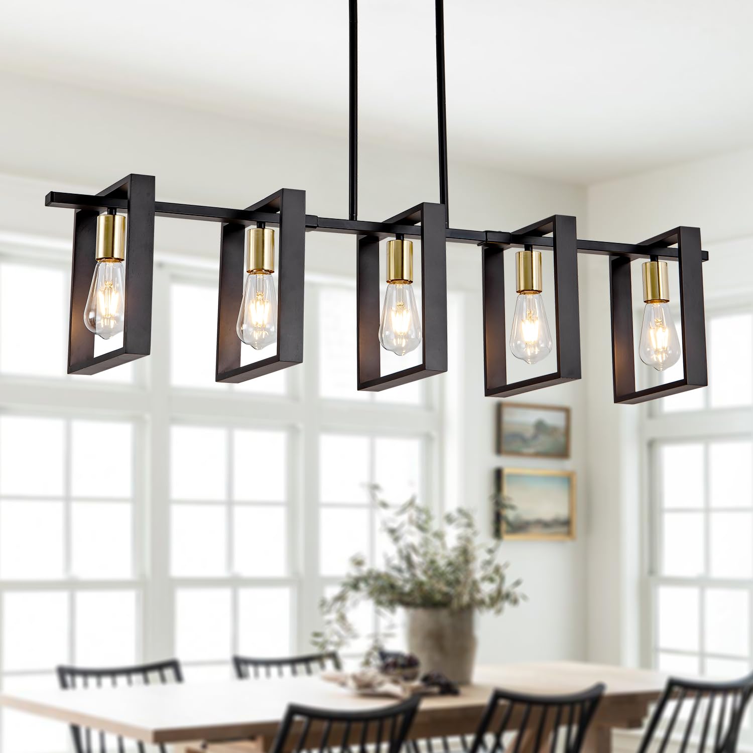Poroulux Farmhouse Kitchen Island Lighting Black Dining Room Lights Ceiling Hanging Rustic 5 Lights Wood Chandelier Light fixtur