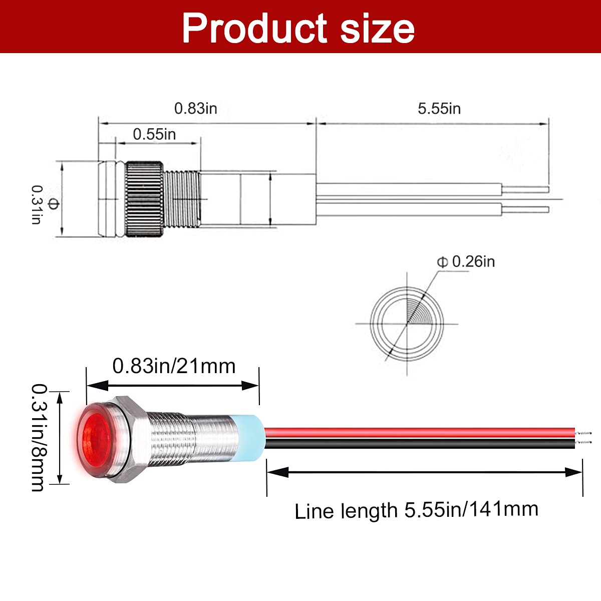 Mxuteuk 3 Pcs Red 12V-24V 6Mm 1/4" Led Metal Indicator Light Head Waterproof Signal Lamp With Wire For Car Truck Boat Dq6P-12V-R