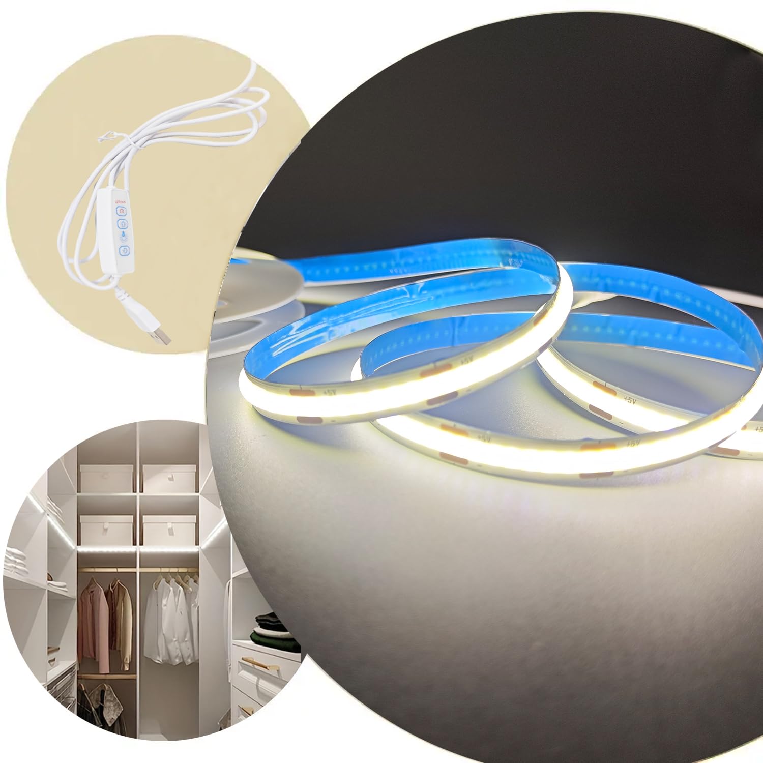 Zslaifu 2 Pack White Usb Light Strip 5V Cob Flexible Strip Light Led Backlight For Bedroom Cabinet Vanity Mirror Diy Lighting (3