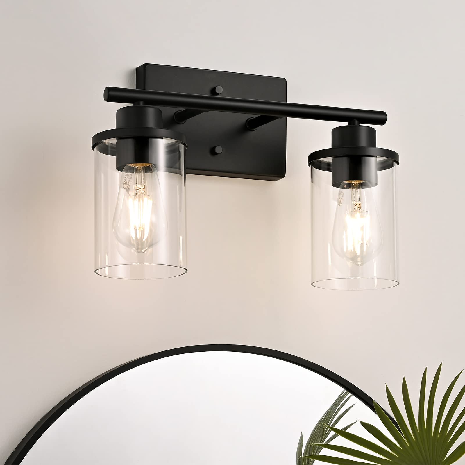 EDISHINE 2 Light Bathroom Vanity Light, Matte Black with Clear Glass Shades, ETL Listed