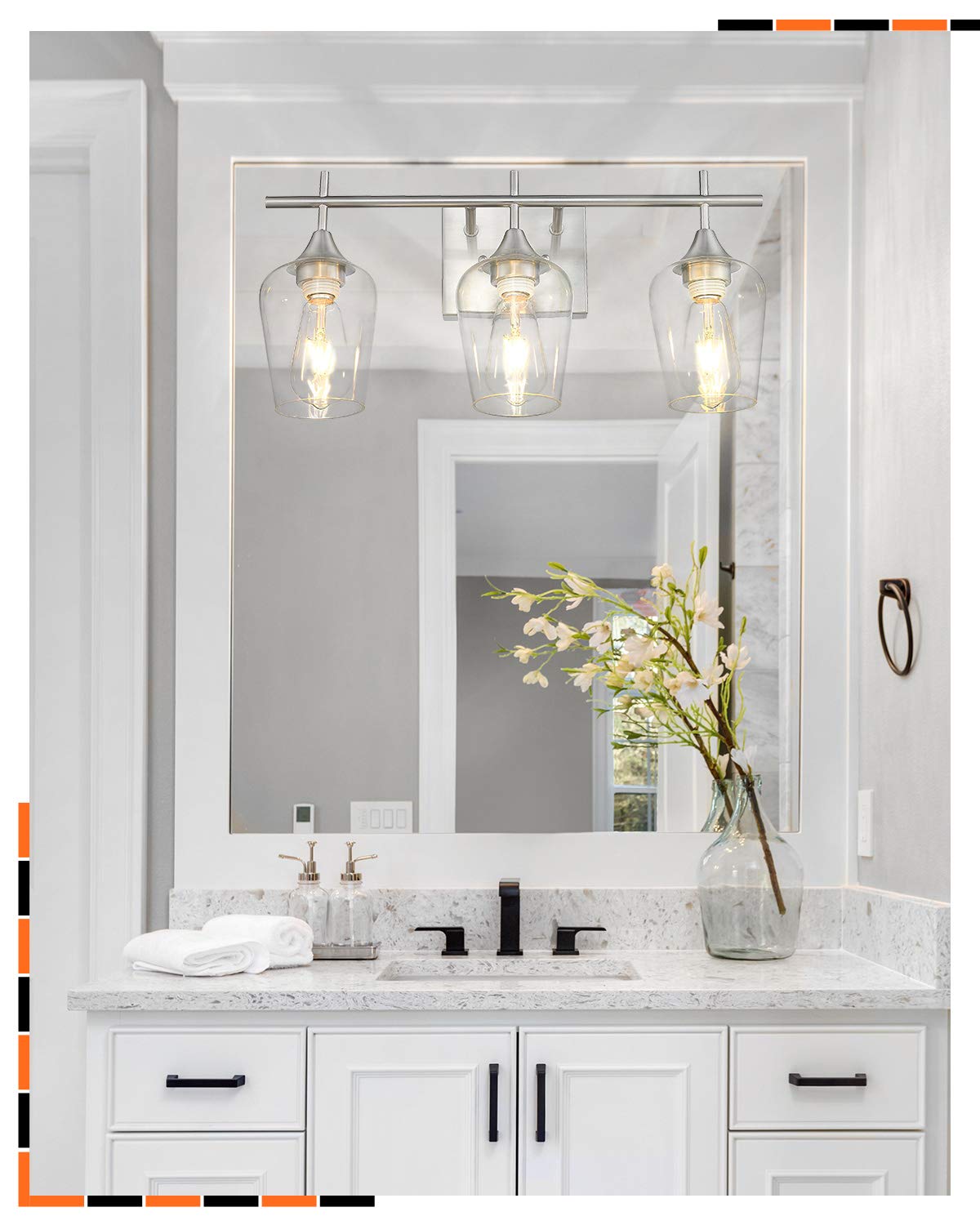 Osimir 3-Light Bathroom Vanity Light Fixtures, Brushed Nickel, Metal, Modern Farmhouse Sconces, Clear Glass Shade, Model WL9167