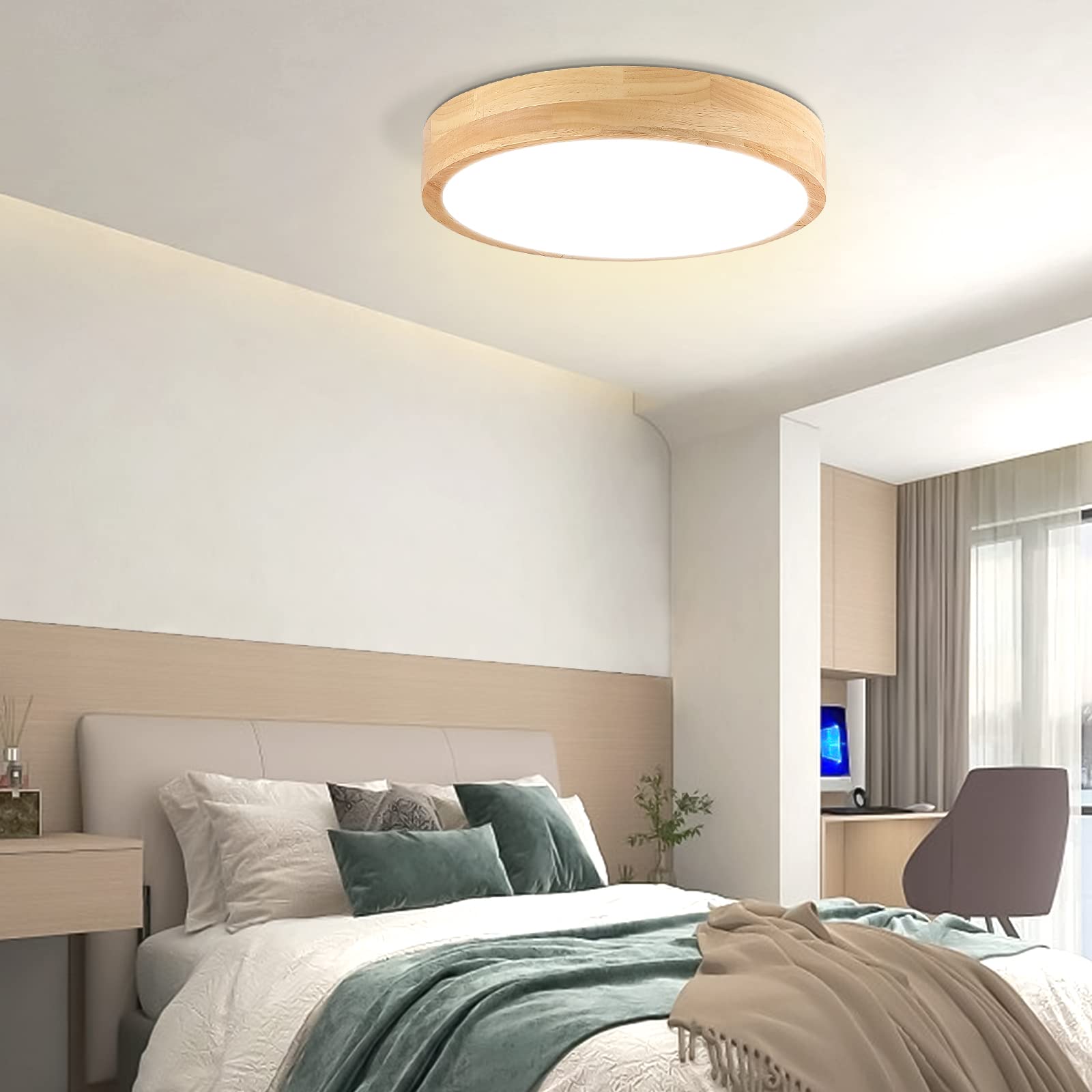 Ketom 12" LED Ceiling Light Flush Mount, 24W Wood Fixture, Natural White 4500K, Modern Minimalist Design for Bedroom, Kitchen, Hallway