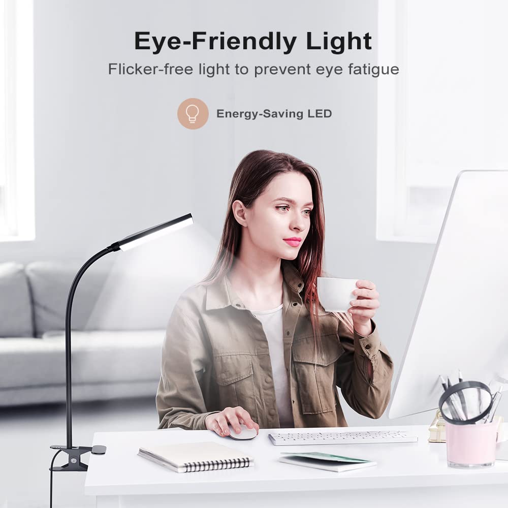 Mongery Led Desk Lamp With Clamp For Home Office, Dimmable Clip On Desk Light With Usb Port, 3 Color Modes 11 Brightness Flexible Gooseneck Reading Lamp For Studying Working, Black