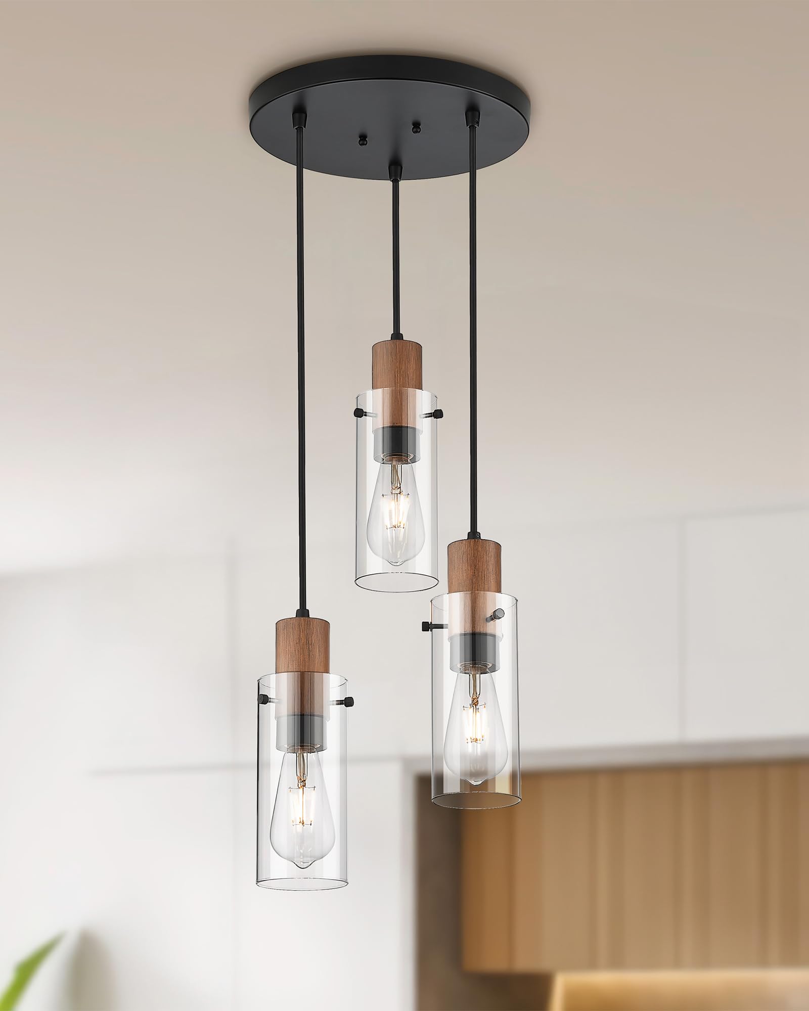 Emak 3-Light Black Pendant Light, Modern Glass Shade Fixture For Kitchen, Dining, Bathroom