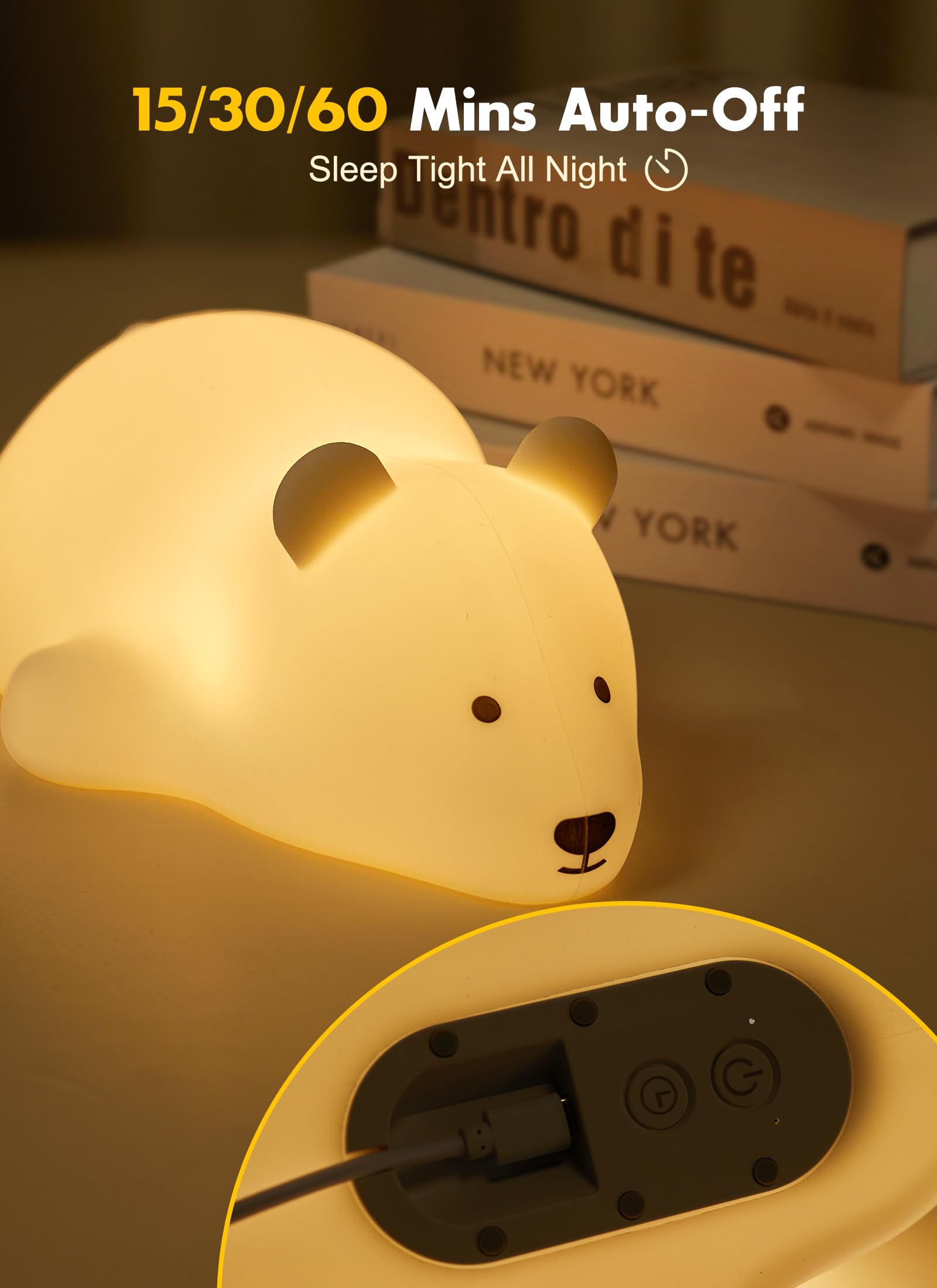 Minetom Kawaii Polar Bear Night Light For Kids, Cute Silicone Night Light With 2 Levels Brightness, 7 Colors Rechargeable Lamp For Bedroom, Girls And Boys, Toddler, Nursery, Baby Gifts, Tap Control
