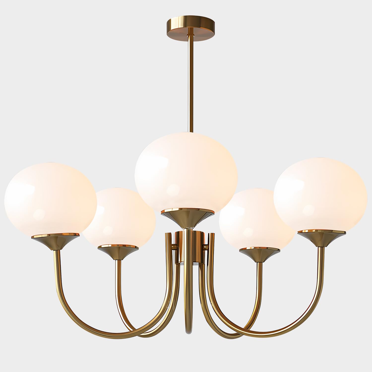 Flyrose 5 Light White Globe Chandelier Small Milk Glass Chandelier Gold Sputnik Ceiling Light Fixture MCM Dining Room Light Fixture Vintage Kitchen Pendant Lights
