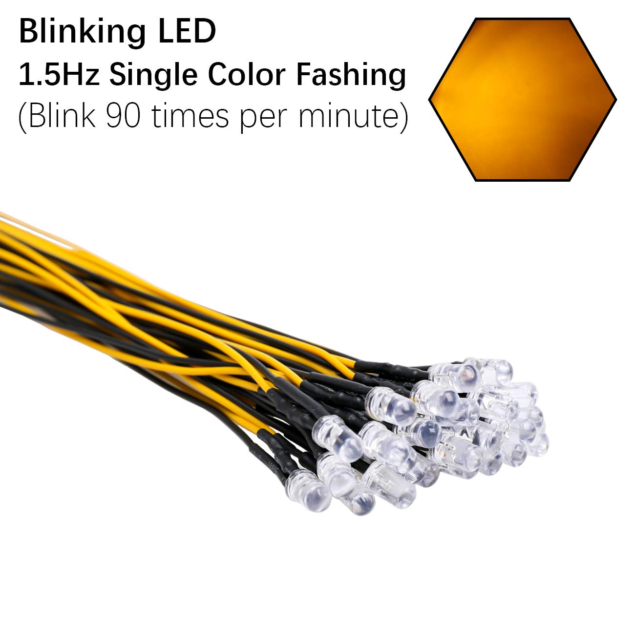 Edgelec 30Pcs 12 Volt 5Mm Yellow Blinking Led Lights Emitting Diodes (1.5Hz Single Color Flashing) Pre Wired 7.9 Inch Dc 12V Led Light Clear Lens Small Led Lamps