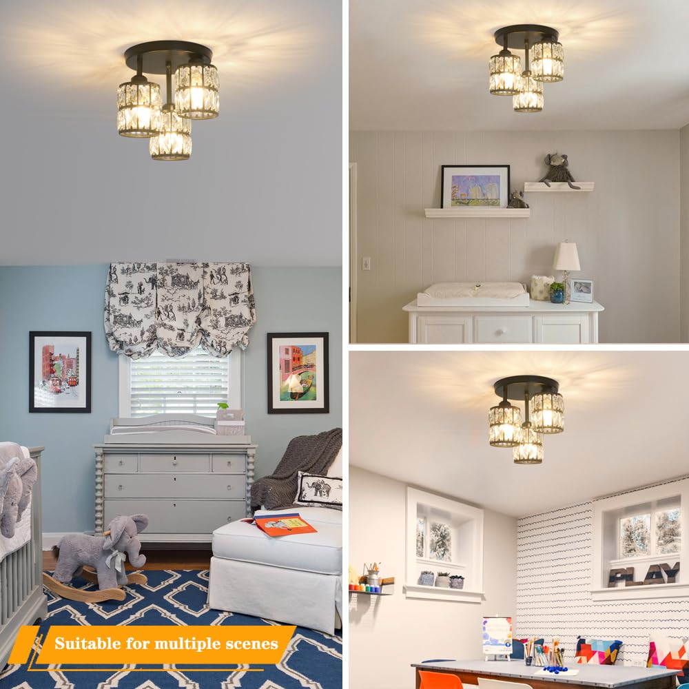 Modern Semi Flush Mount Ceiling Light, 3-Light Black Crystal Close To Ceiling Light Fixtures, Kitchen Light Fixtures With Clear