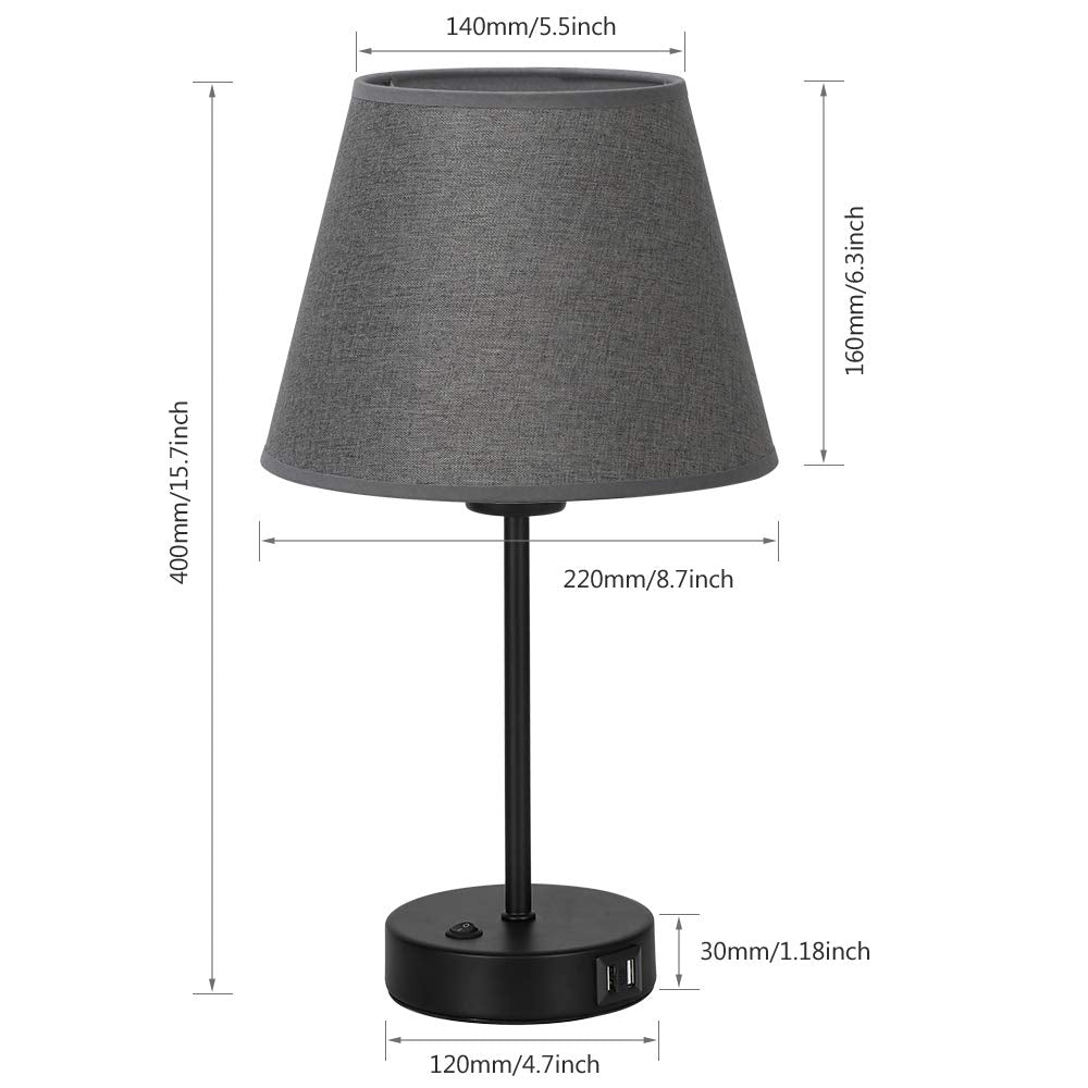 Js Nova Juns Bedside Table Lamps With Dual Usb Charging Ports, Set Of 2 Modern Lamps With Gray Fabric Shade, Stylish Desk Lamp F