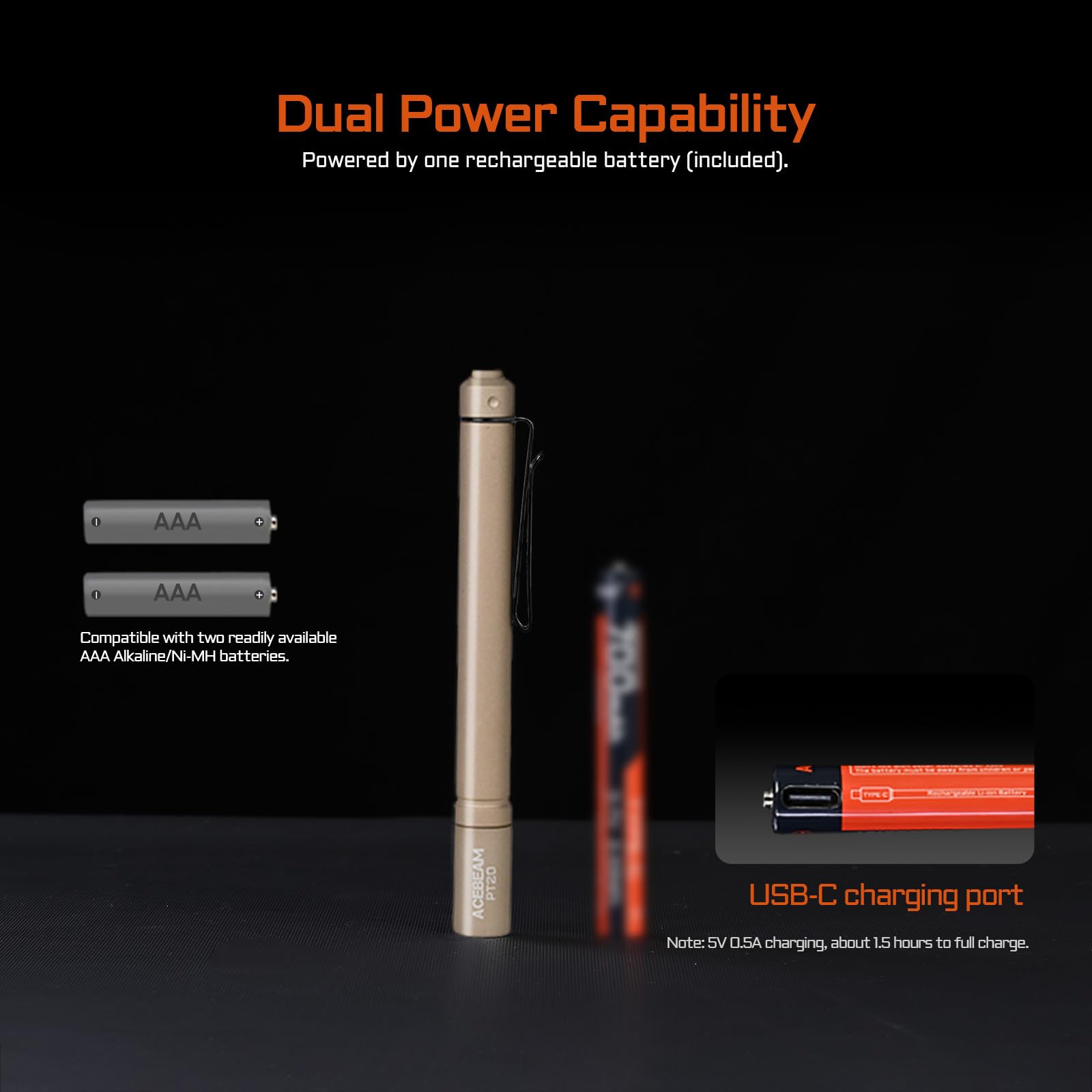 ACEBEAM PT20 Rechargeable EDC Flashlight - 500 Lumens, Compact Aluminum, Desert 6500K, Perfect for Camping & Emergency Use