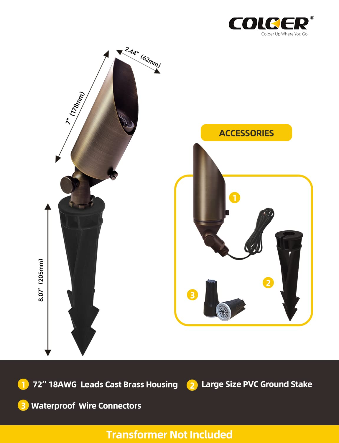 Coloer Die-Cast Brass Landscape Spotlights Outdoor, 12V Ac/Dc Low Voltage Adjustable Yard Lighting, Garden Patio Trees Directional Spot Up Light(103B,Bronze, 12-Pack Without Bulb)