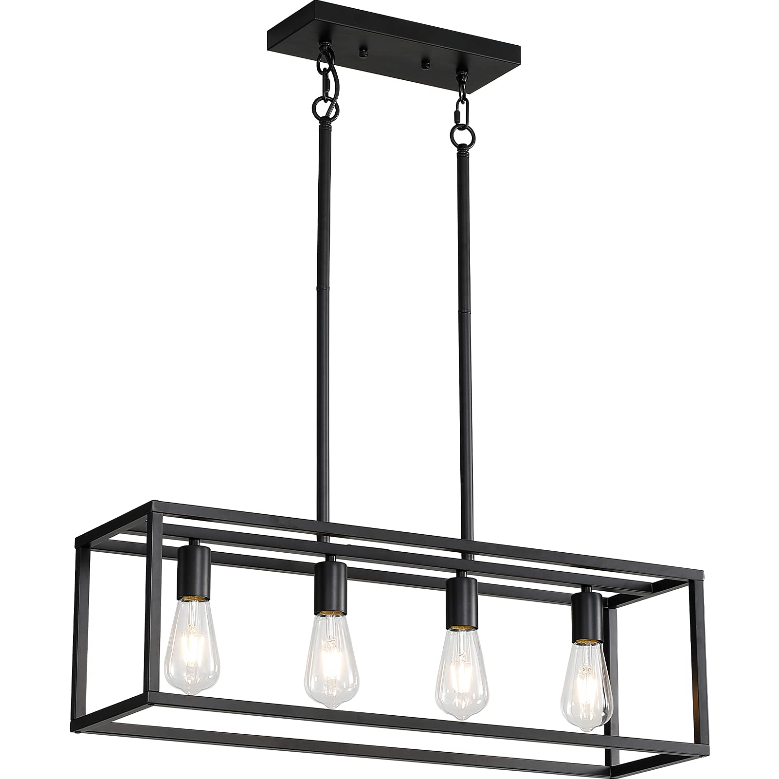 Xislthotsl Black 4-Light Industrial Vintage Chandelier, Modern Linear Rectangular Cage Hanging Light Fixture For Farmhouse Kitchen, Dining Room, Bar, Living Room