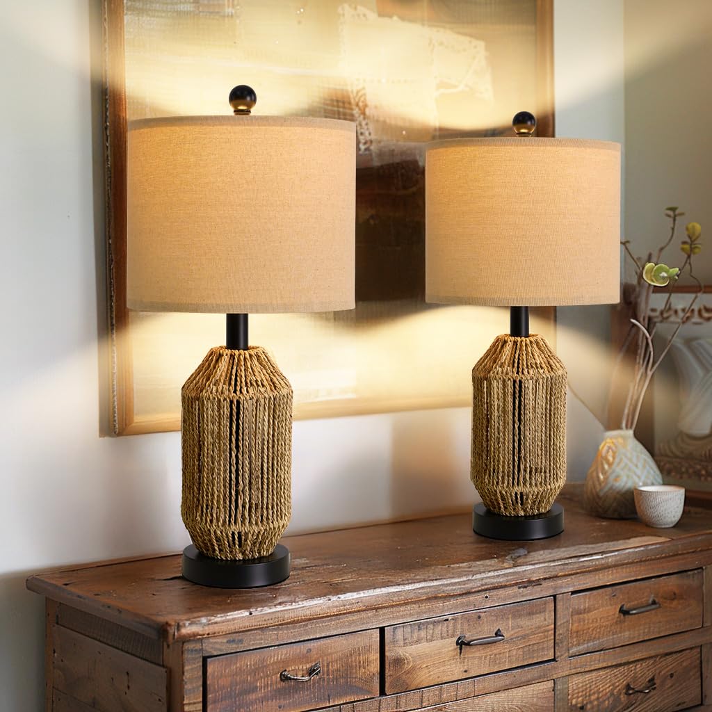 Oyears 21'' Boho Table Lamps Set Of 2 For Living Room, Bedside Lamps For Nightstand, Rattan Lamp For Bedroom, Farmhouse Table La