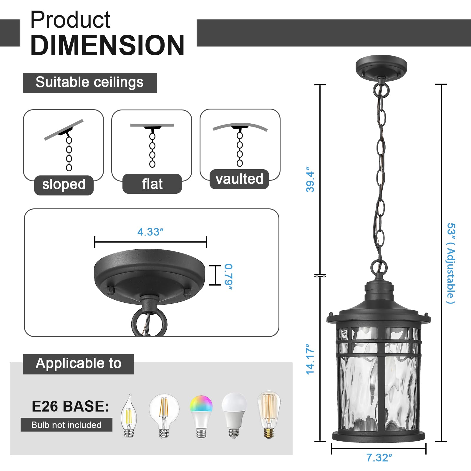 Darkaway Large Outdoor Pendant Light, 15in Aluminum Chandelier with Water Ripple Glass, Ceiling Mount for Porch, Black