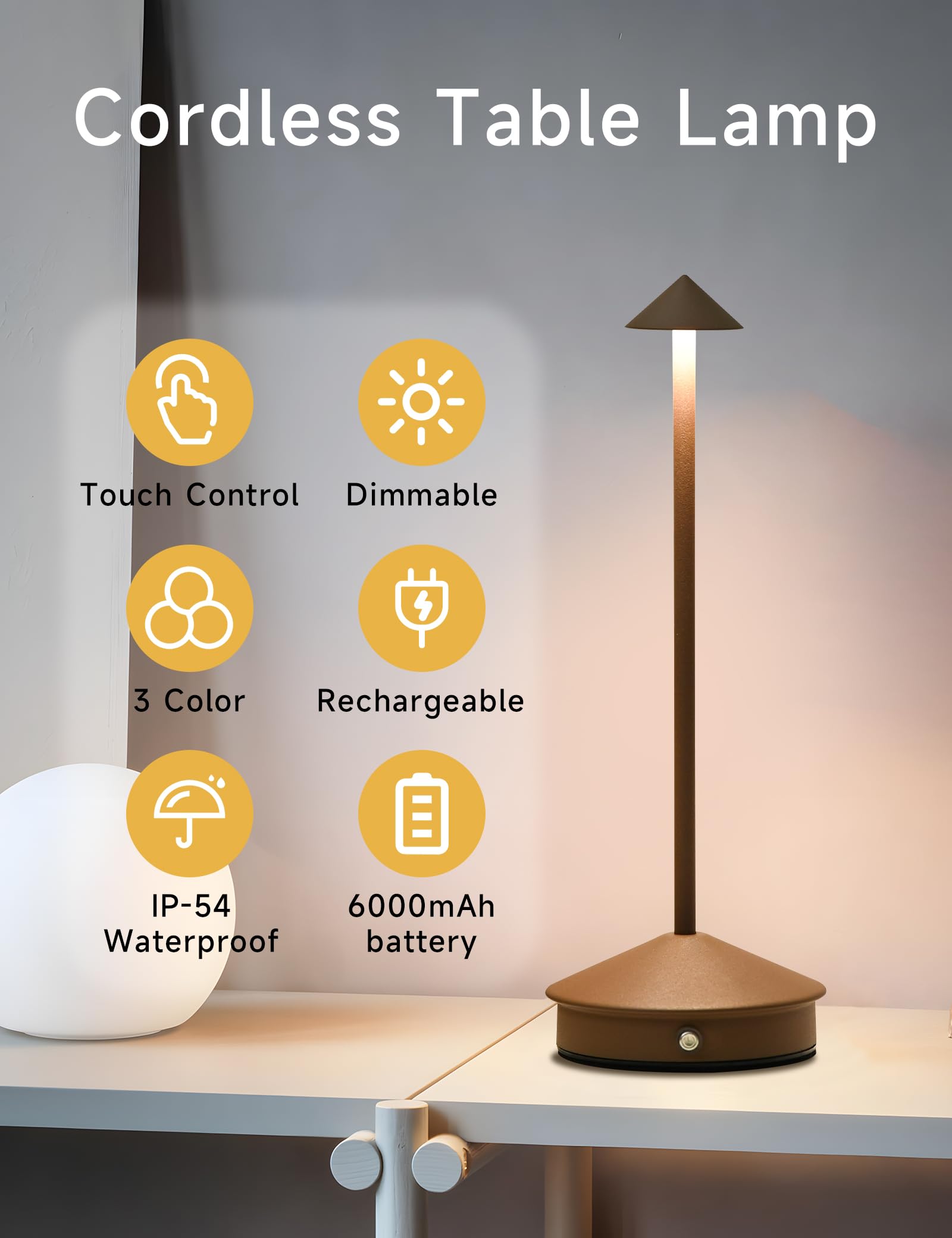 KROPTIB Cordless LED Desk Lamp Set of 2, Portable Waterproof Touch Dimmable, Brown, Model ttl-jj-br-2-n