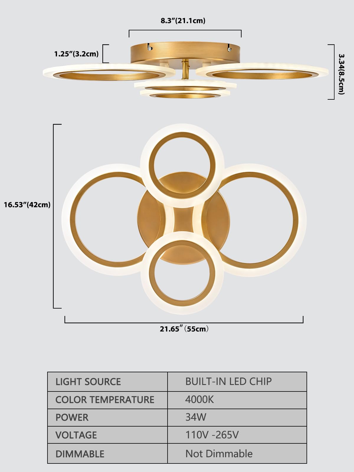 Vikaey Modern Led Flush Mount Ceiling Light, 4 Rings Gold Close To Ceiling Light, Lighting Fixture Ceiling Lamp For Kitchen, Living Room, Bedroom, Laundry Room, 4000K Not Dimmable