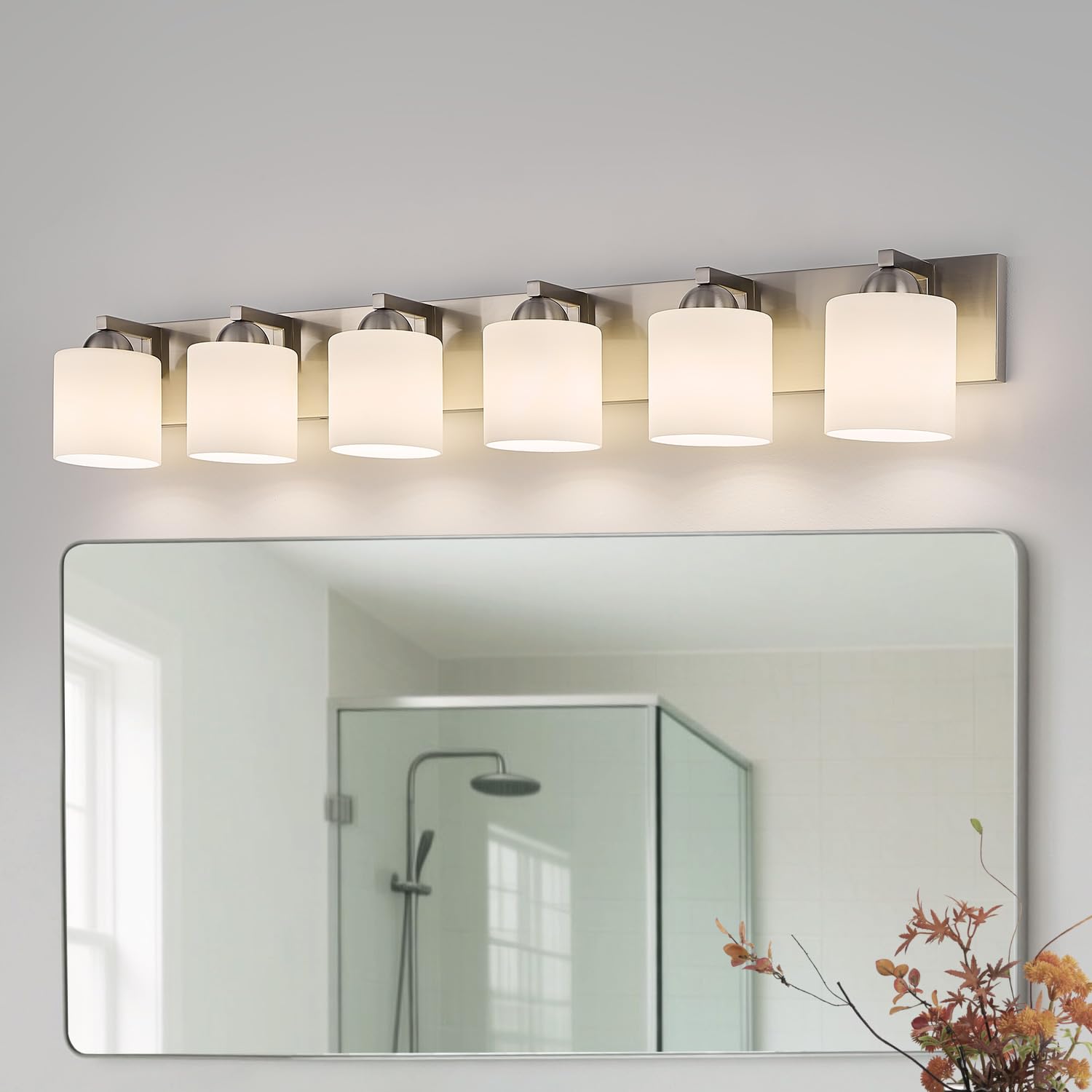 mirrea 44-Inch 6-Light Brushed Nickel Vanity Lights for Bathroom, Vanity Lighting Fixtures with Etched White Glass Shades