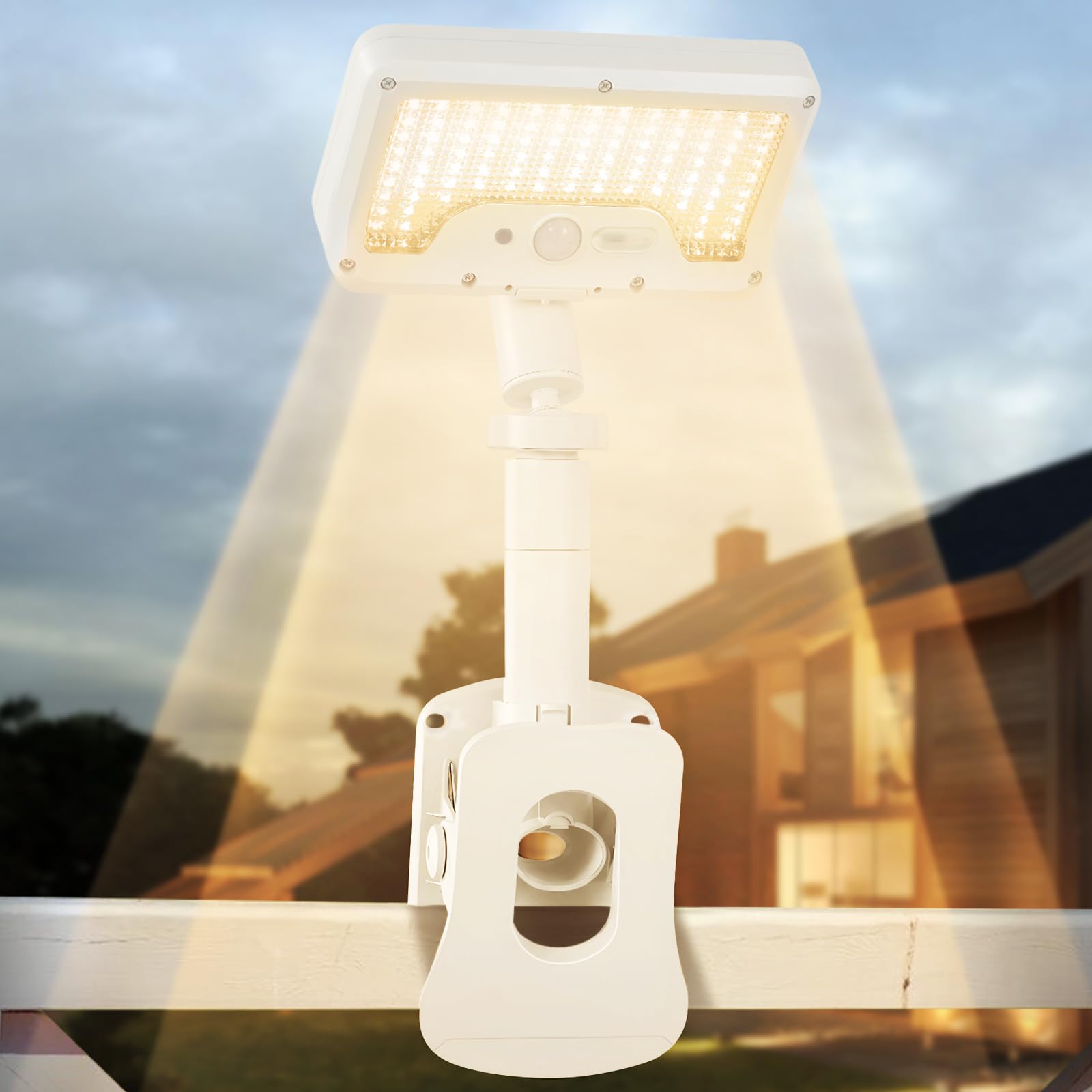 Clip On Solar Lights Outdoor with Motion Sensor  360Rotatable & Vertically Adjustable Solar Fence Lights with 92 LEDs (600 LM  3000 K) IP65 Waterproof Security Light for Deck  Gutter(White  1 Pack)