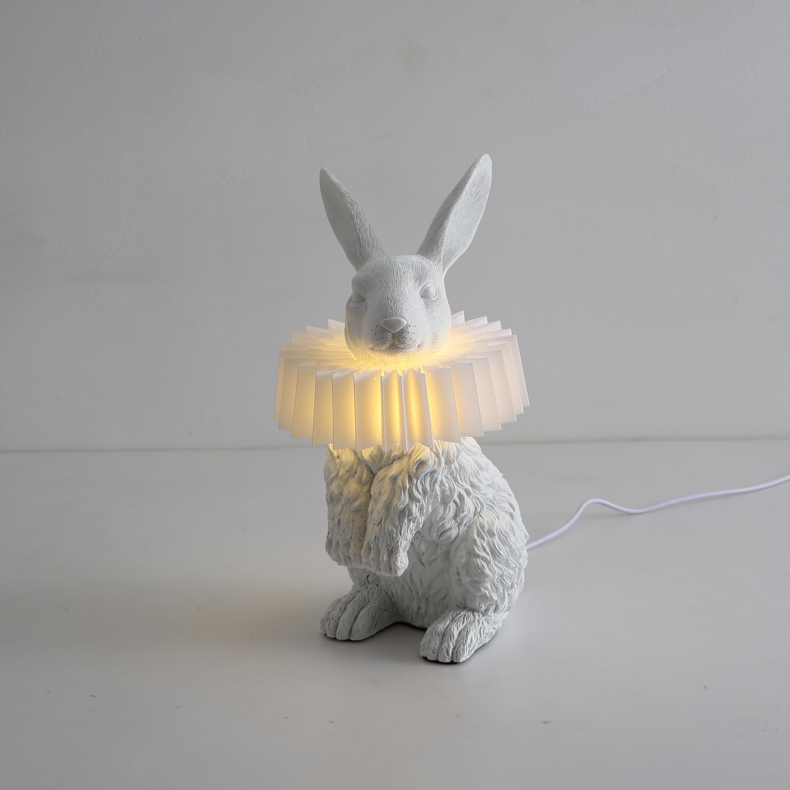 Lazhug White Rabbit Lamp,Resin Crafted Scarf Bunny Table Lamp Featuring White Pleated Pc Lampshade,Usb Plug, Energy-Efficient Ki