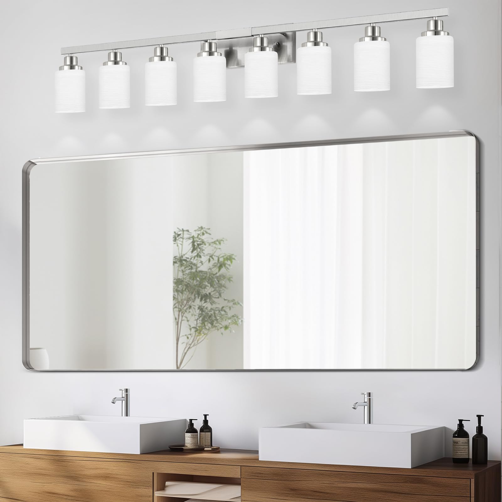 Dikaida 8-Light Bathroom Light Fixtures, 52Inch Nickel Vanity Light With Milky White Glass Shade, Modern Bathroom Wall Lights Ov