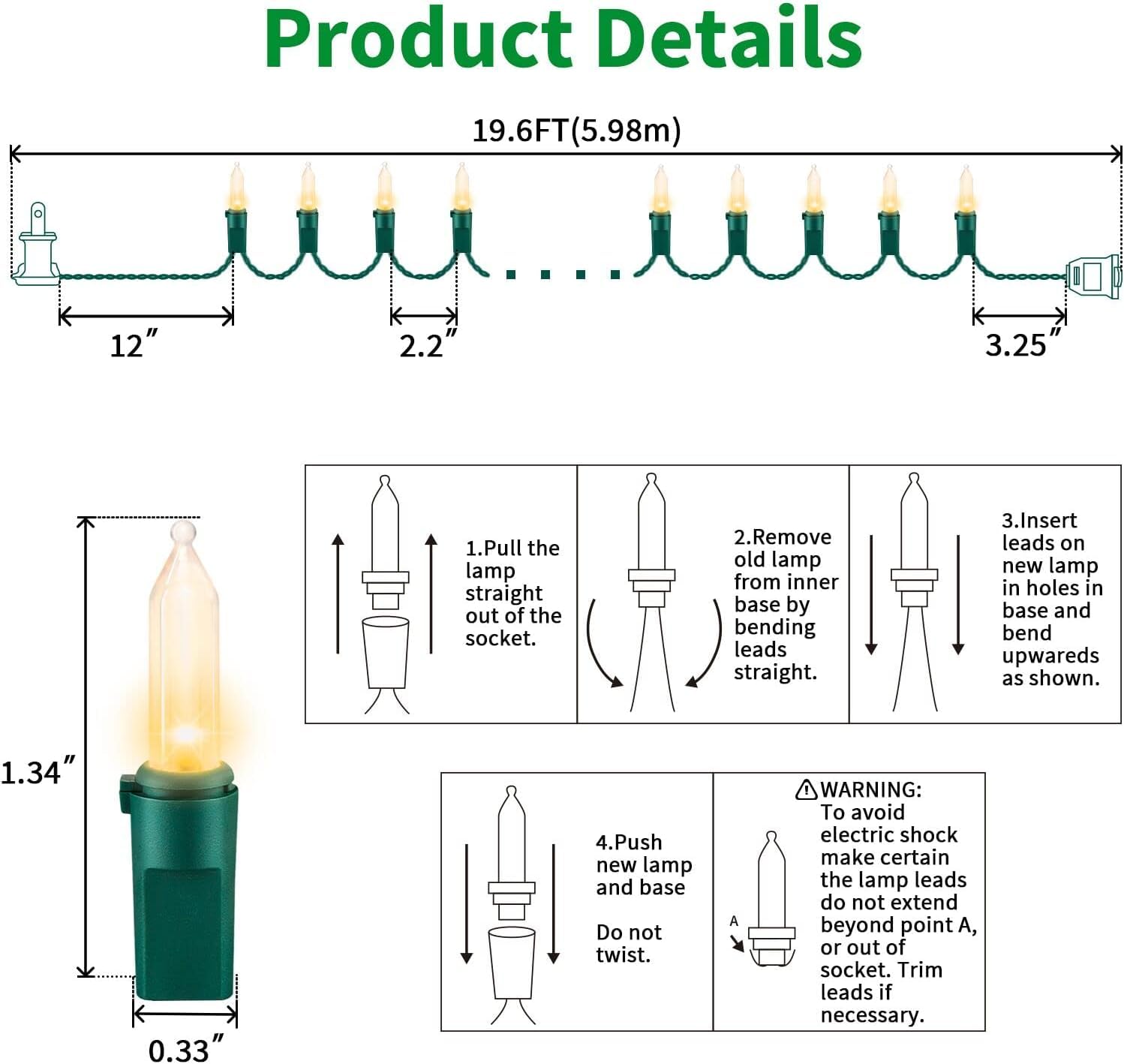 LAMPHOME Christmas Lights Set, 100 Warm White Mini Bulbs, 19.6ft Green Wire, UL Certified, Outdoor Decorative Lighting, Model LX2508-NEW