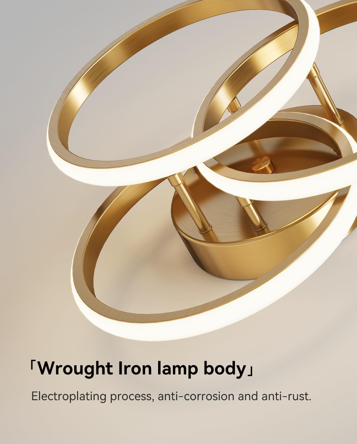 Miss Lighting Dimmable LED Semi Flush Mount Light Fixture, 15in, 3 Ring Gold, Remote Control, Modern Chandelier for Bedroom, Kitchen, Hallways