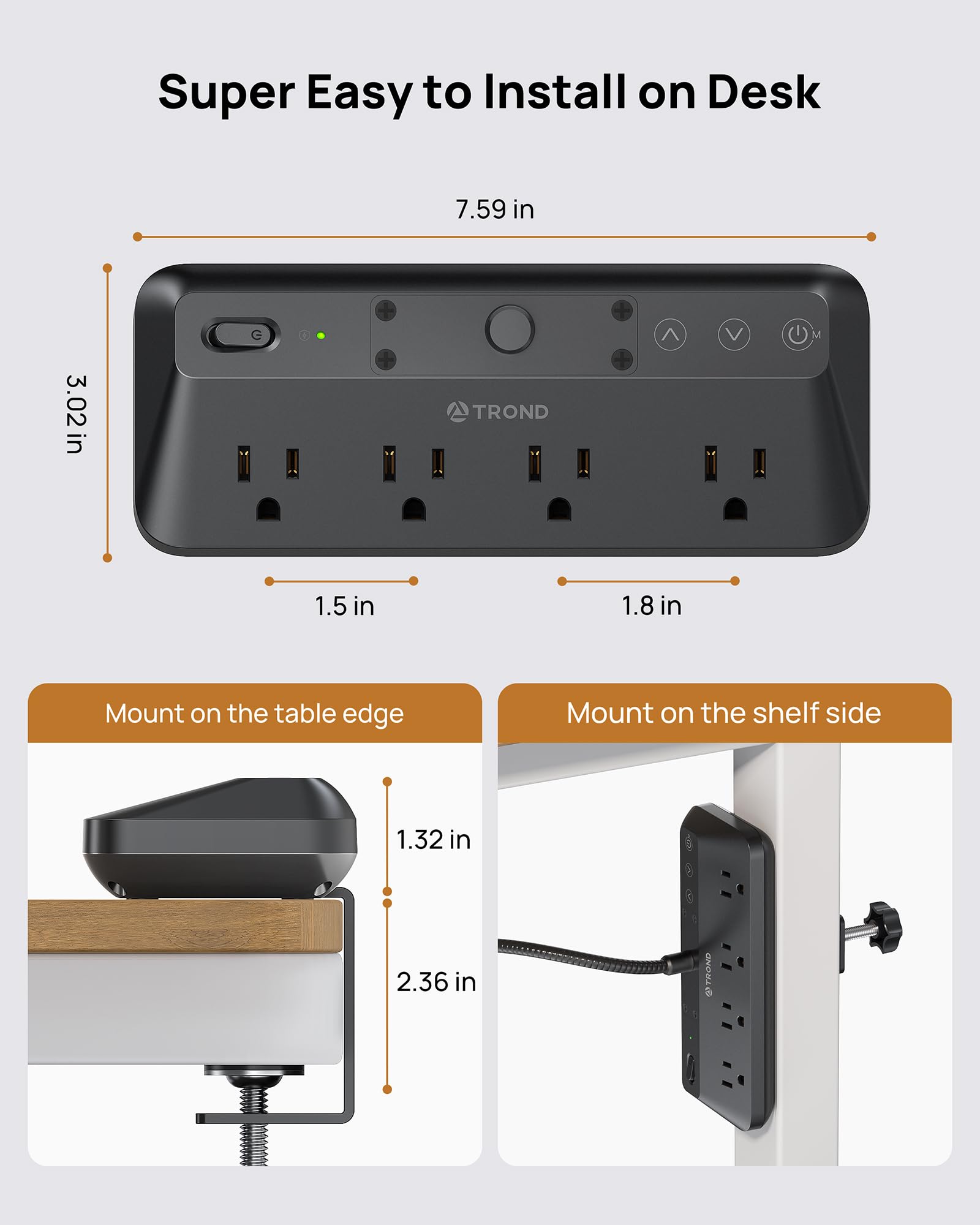 TROND LED Desk Lamp with Clamp, 15 Lighting Modes, 4 Outlet Power Strip, Gooseneck, Small, Black, Model TD-PS-US29L