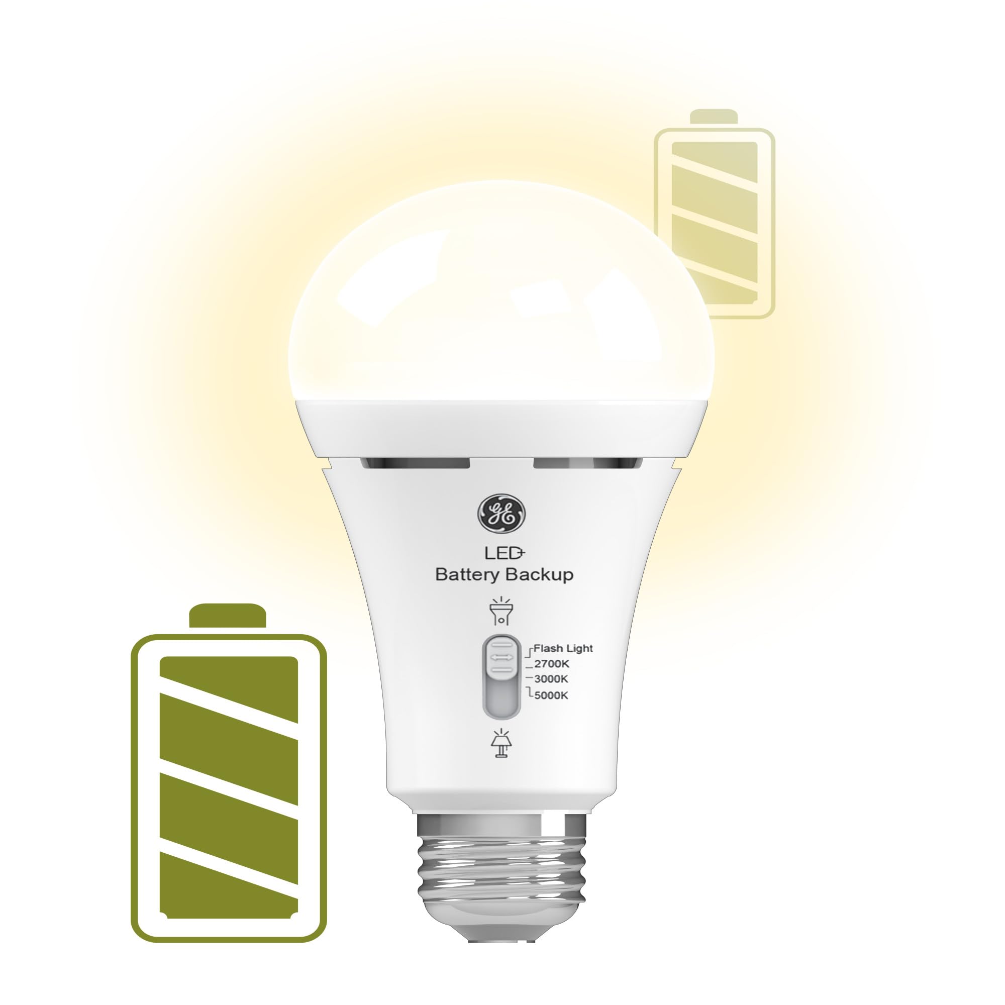 GE LED+ Backup Battery LED Light Bulbs, A21 Rechargeable, 3 Color Temperatures, 2 Pack, White, Model 93131819