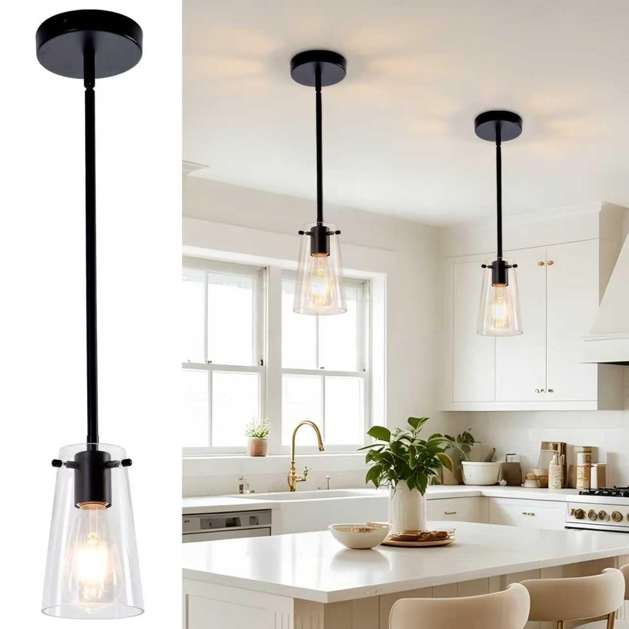 BESTWEST Pendant Light Fixtures for Kitchen Island, Matte Black Clear Glass Pendant Lights, Modern Hanging Light Fixture with Ad