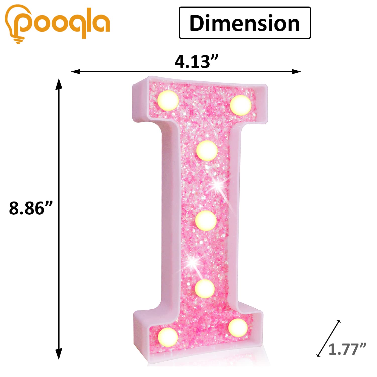 Pooqla Led Marquee Letter Lights, Light Up Pink Letters Glitter Alphabet Letter Sign Battery Powered For Night Light Birthday Party Wedding Girls Gifts Home Bar Christmas Decoration, Pink Letter I
