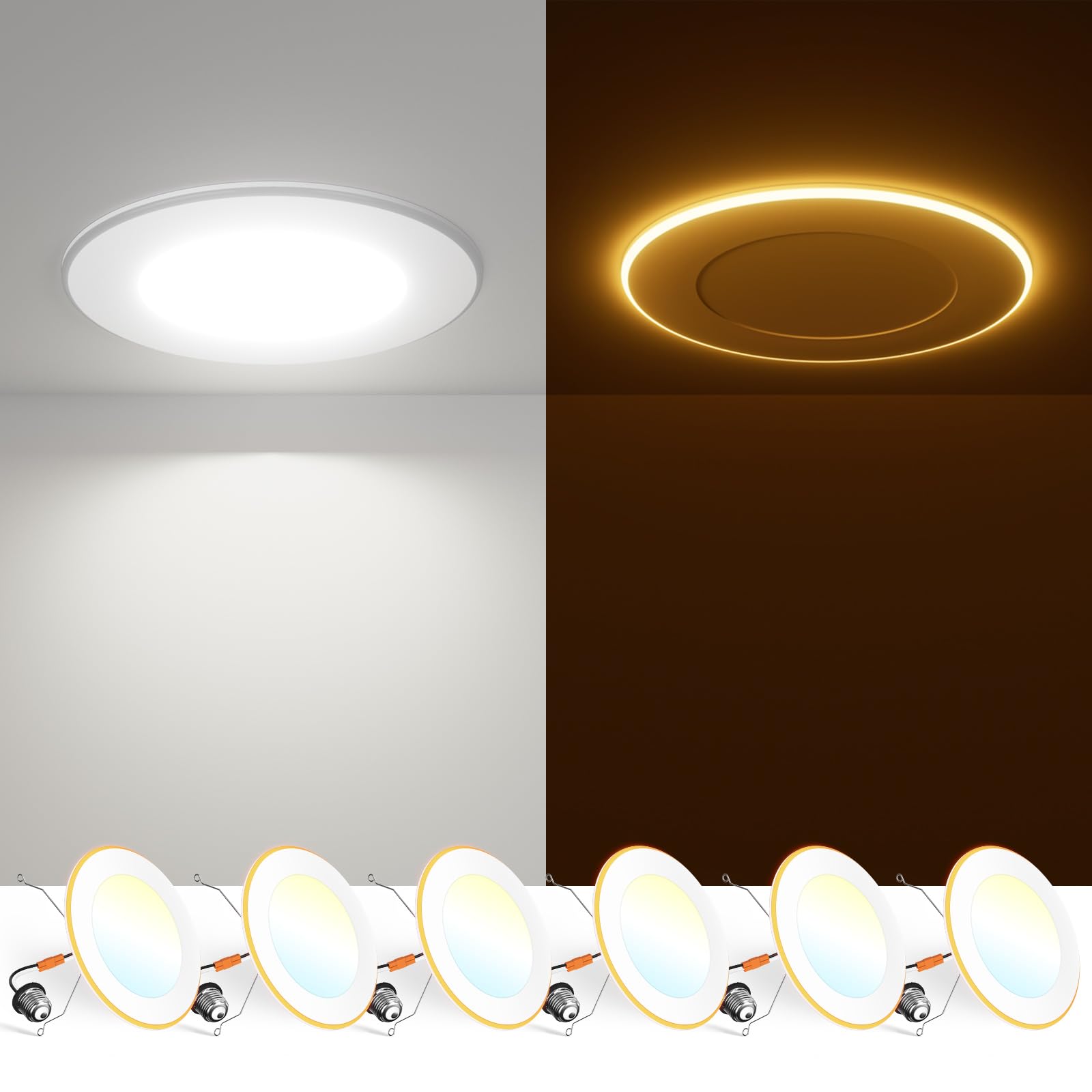 FREELICHT 6 Pack 5/6 Inch 5CCT LED Recessed Can Light with Night Light, 2700K/3000K/4000K/5000K/6000K Selectable Flat Recessed L