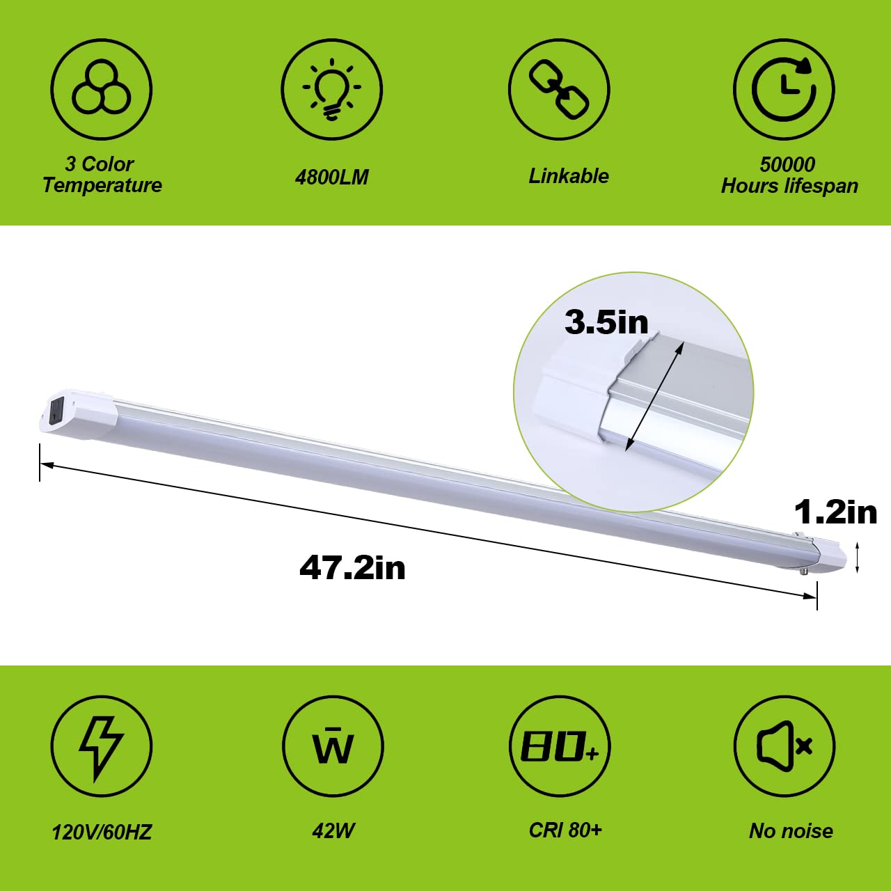 Greess LED Shop Light, 4FT 48W Linkable Ceiling Fixture, 3000K/4000K/5000K, White, Model GS3CSL-1P,