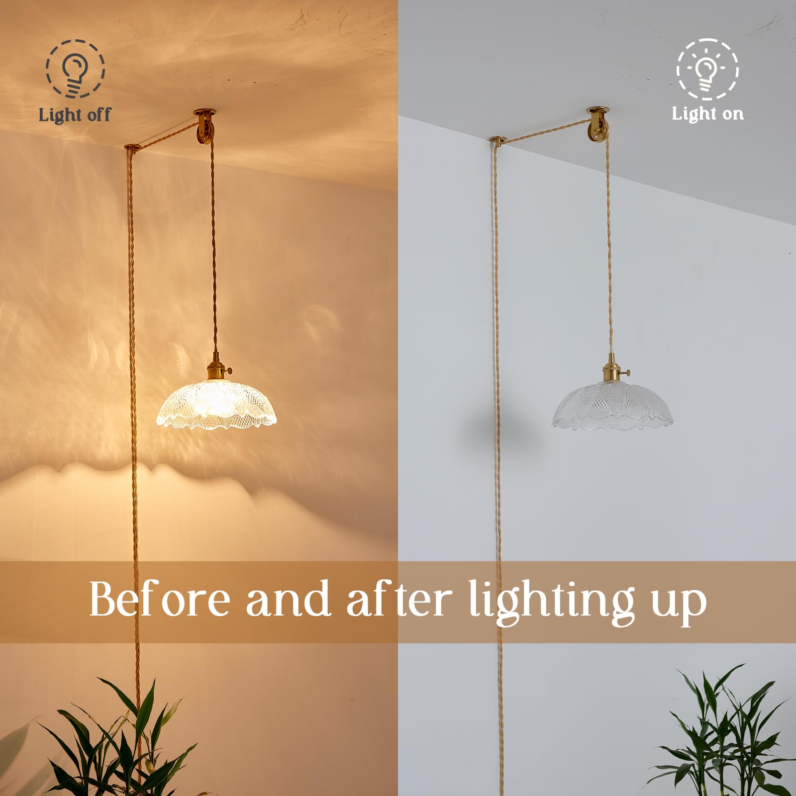 Oyisen Hanging Lamp Plug In,Golden Adjustable Light Cord Plug In Pendant Light 9.8 Inch Glass Lampshade Hanging Ceiling Light Kitchen Island Pendant Lights For Bedroom