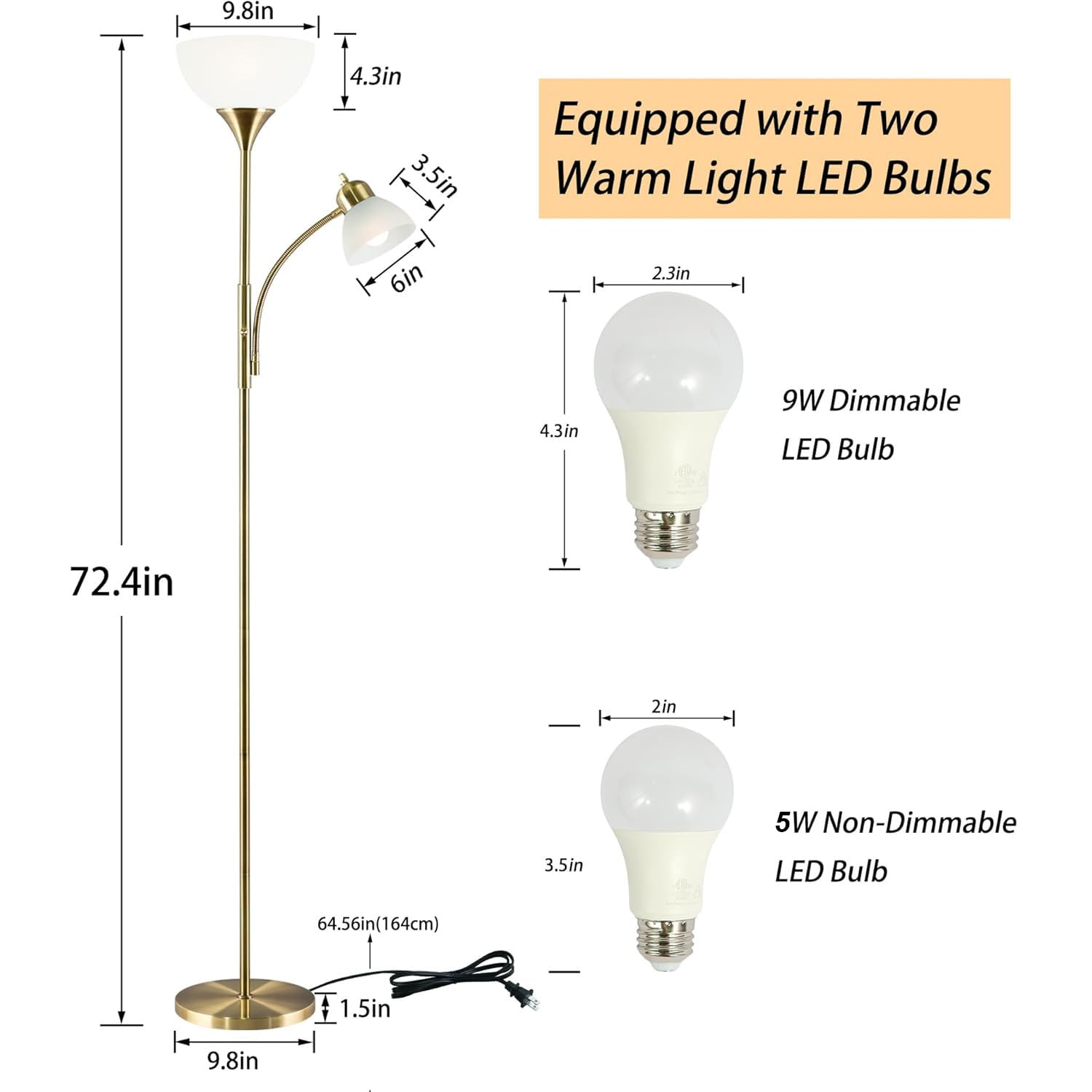 Floor Lamp, Dimmable Standing Lamp, 3 Levels Dimmable Brightness, Included 9W And 5W Led Bulbs, Industrial Floor Lamp For Living